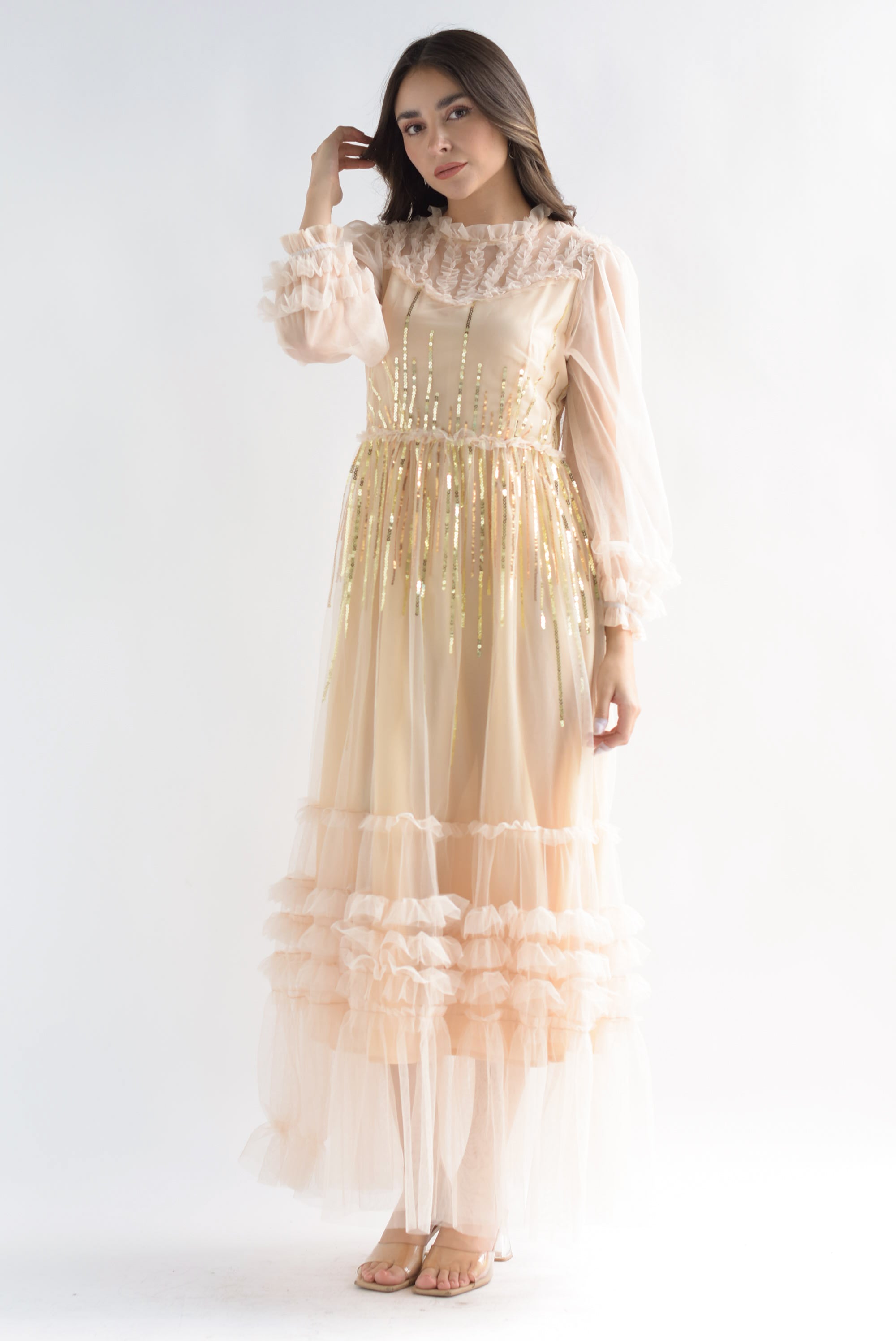 Vestido largo tulle lentejuelas Beige