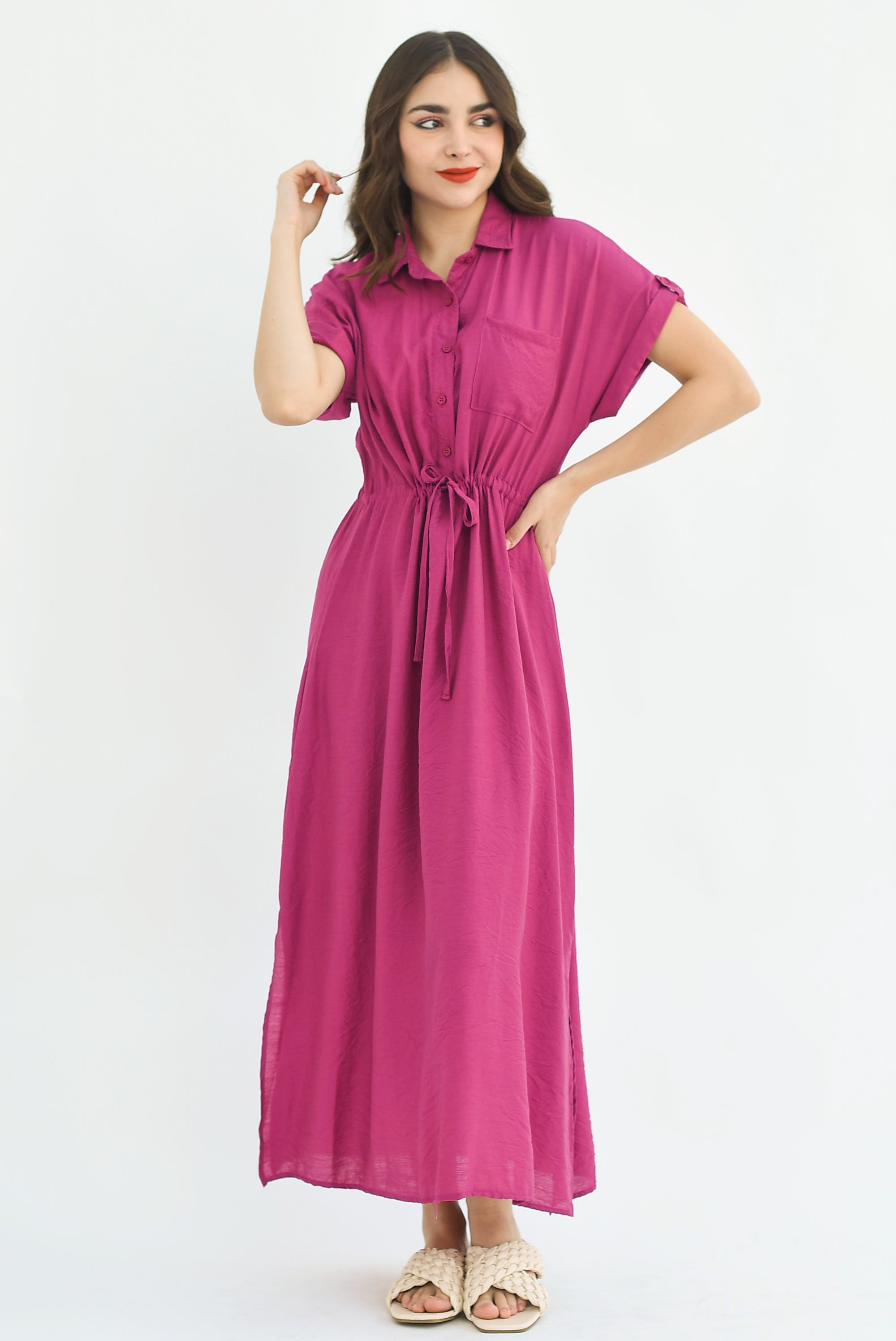 Vestido camisero largo cargo Magenta