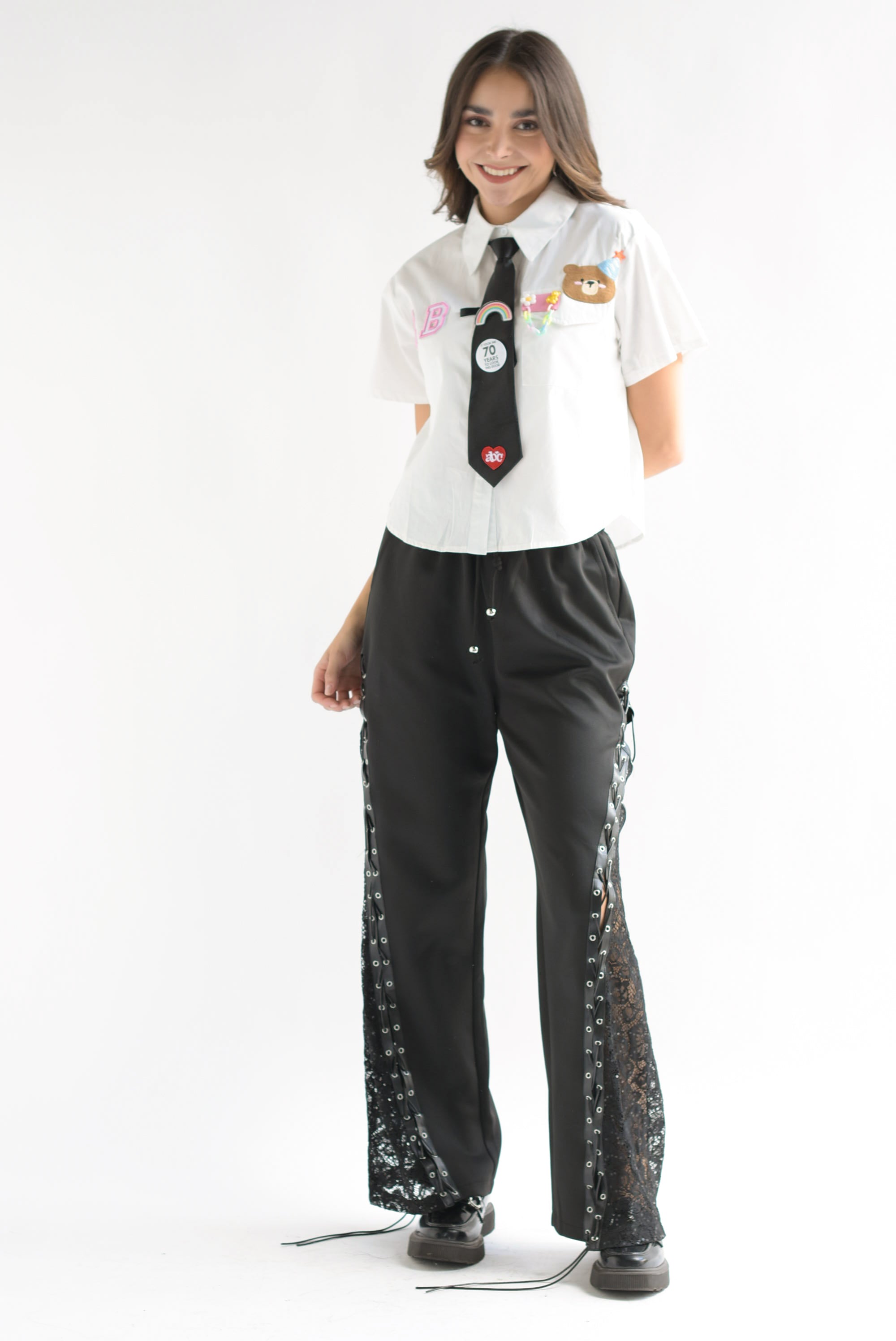 Pantalón cuerdas encaje Negro