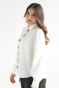 Fashion Styled Camisa gasa lazos negros Blanco