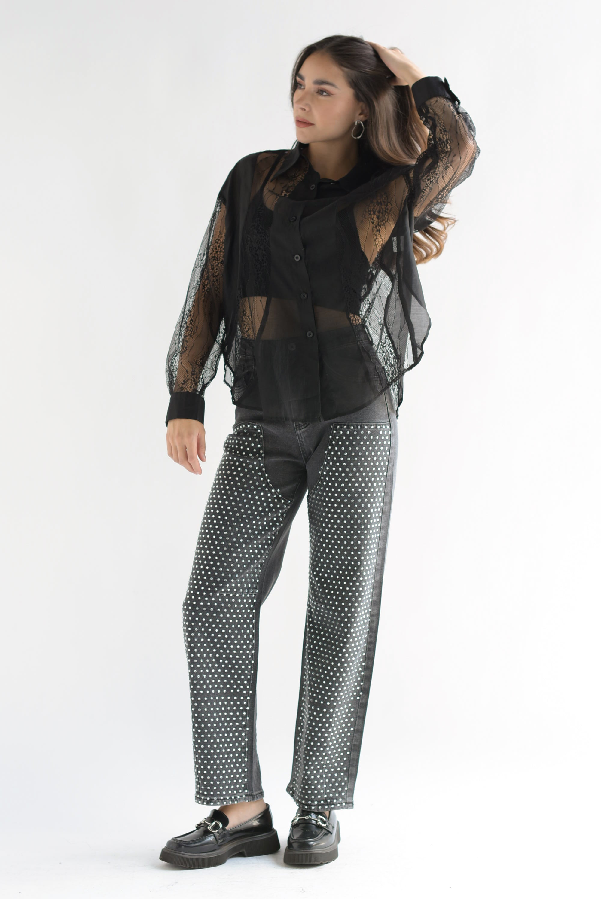 Jeans barrel brillos Negro