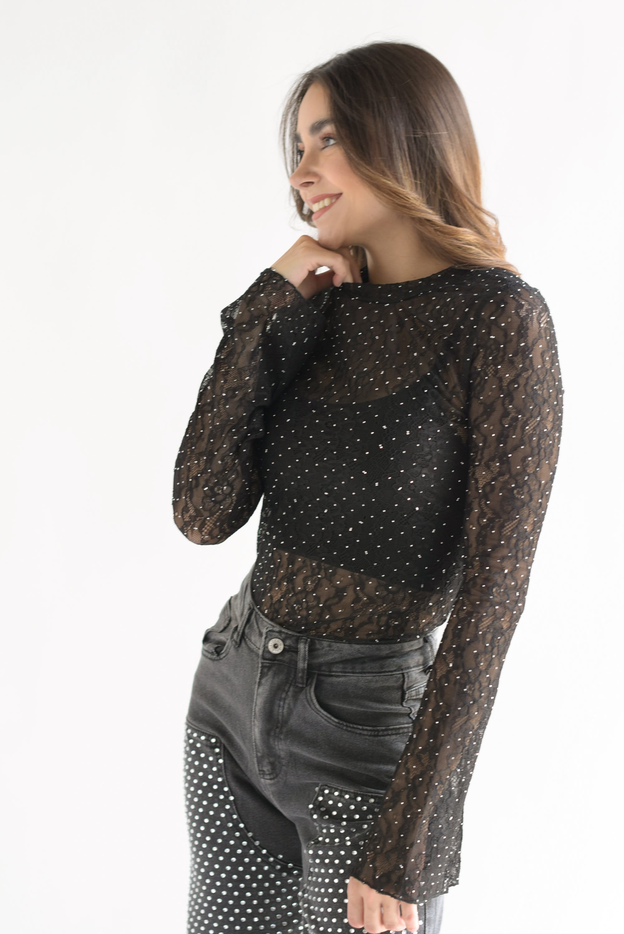 Blusa manga larga encaje brillos Negro