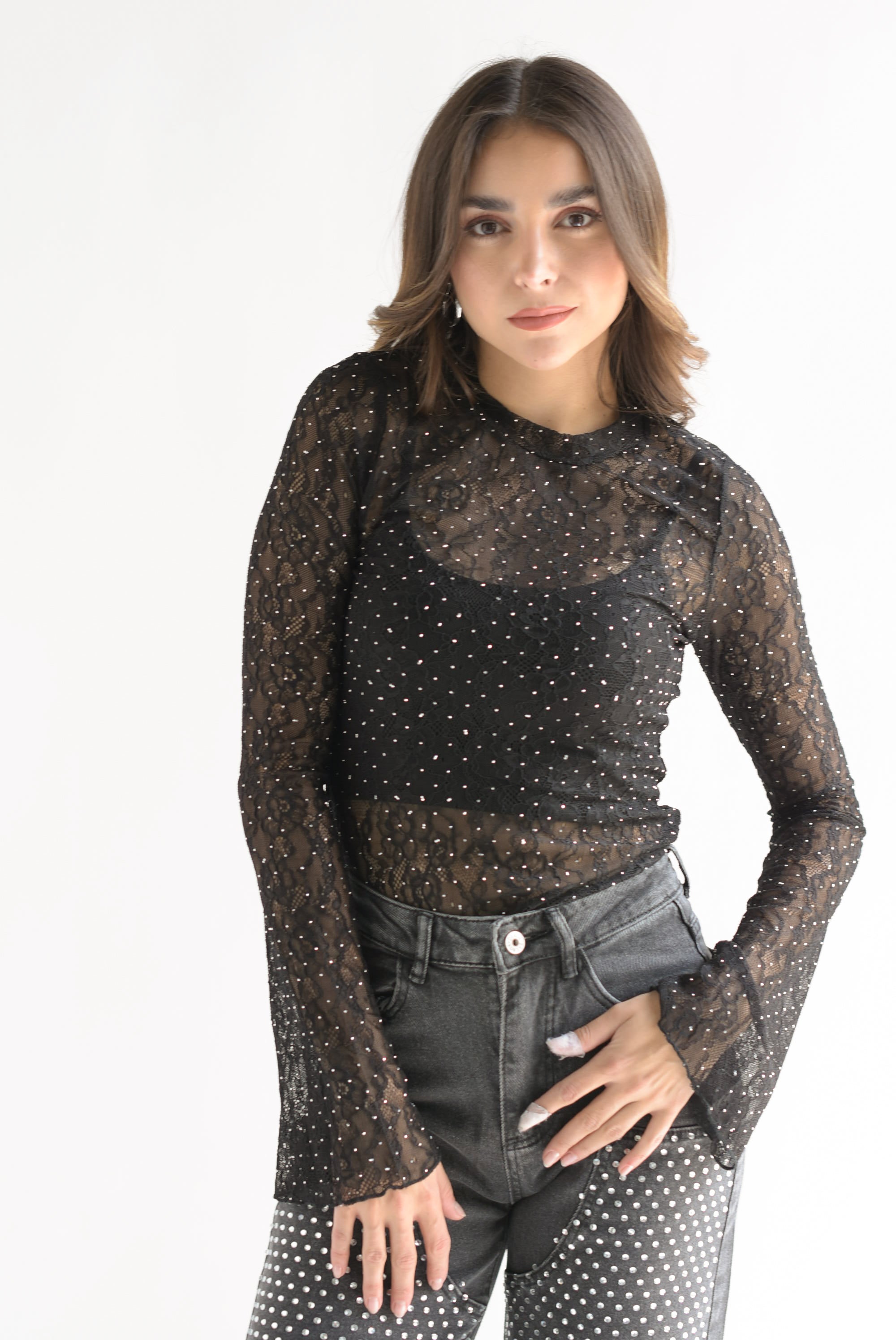 Blusa manga larga encaje brillos Negro
