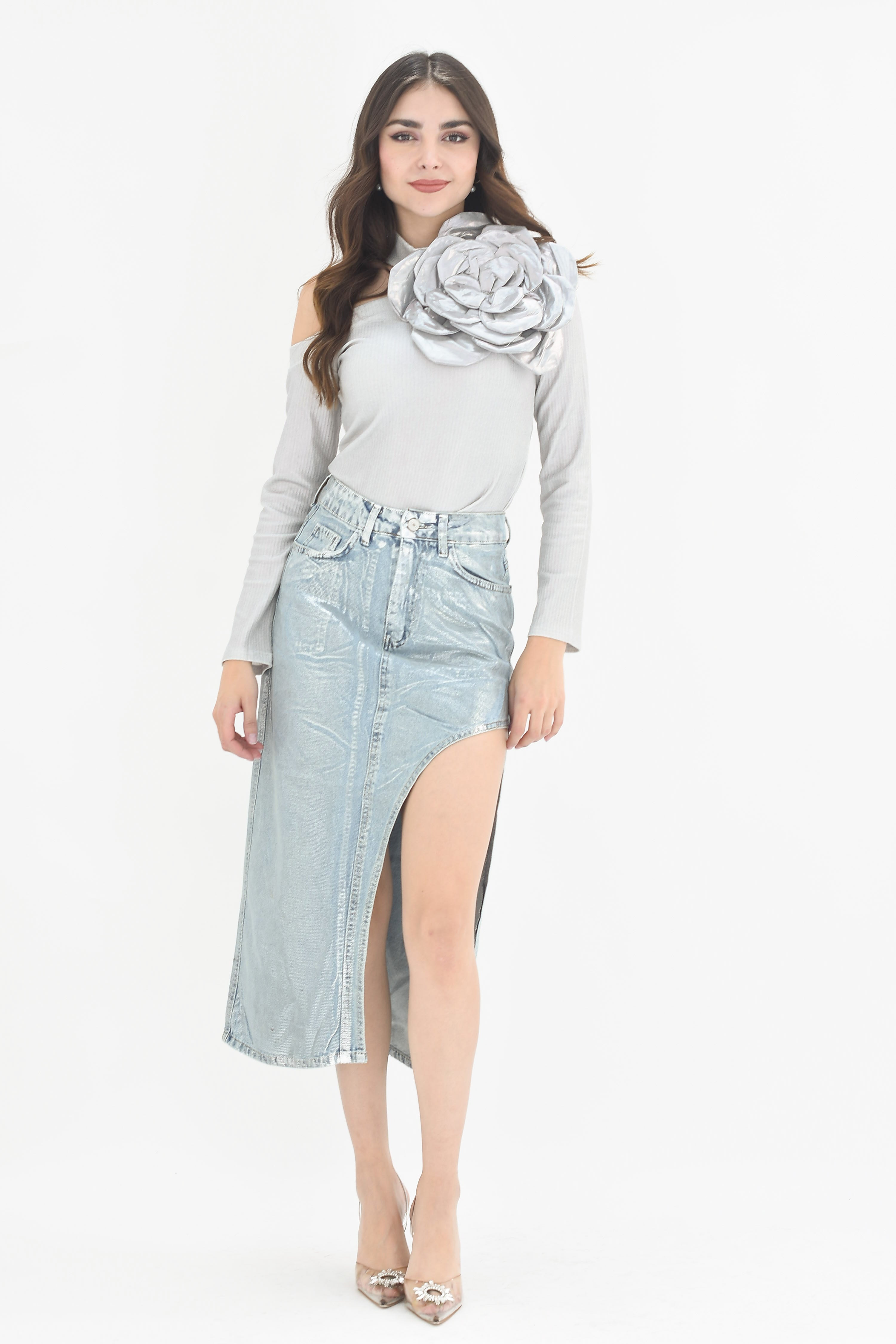 Falda foil denim abertura Plata