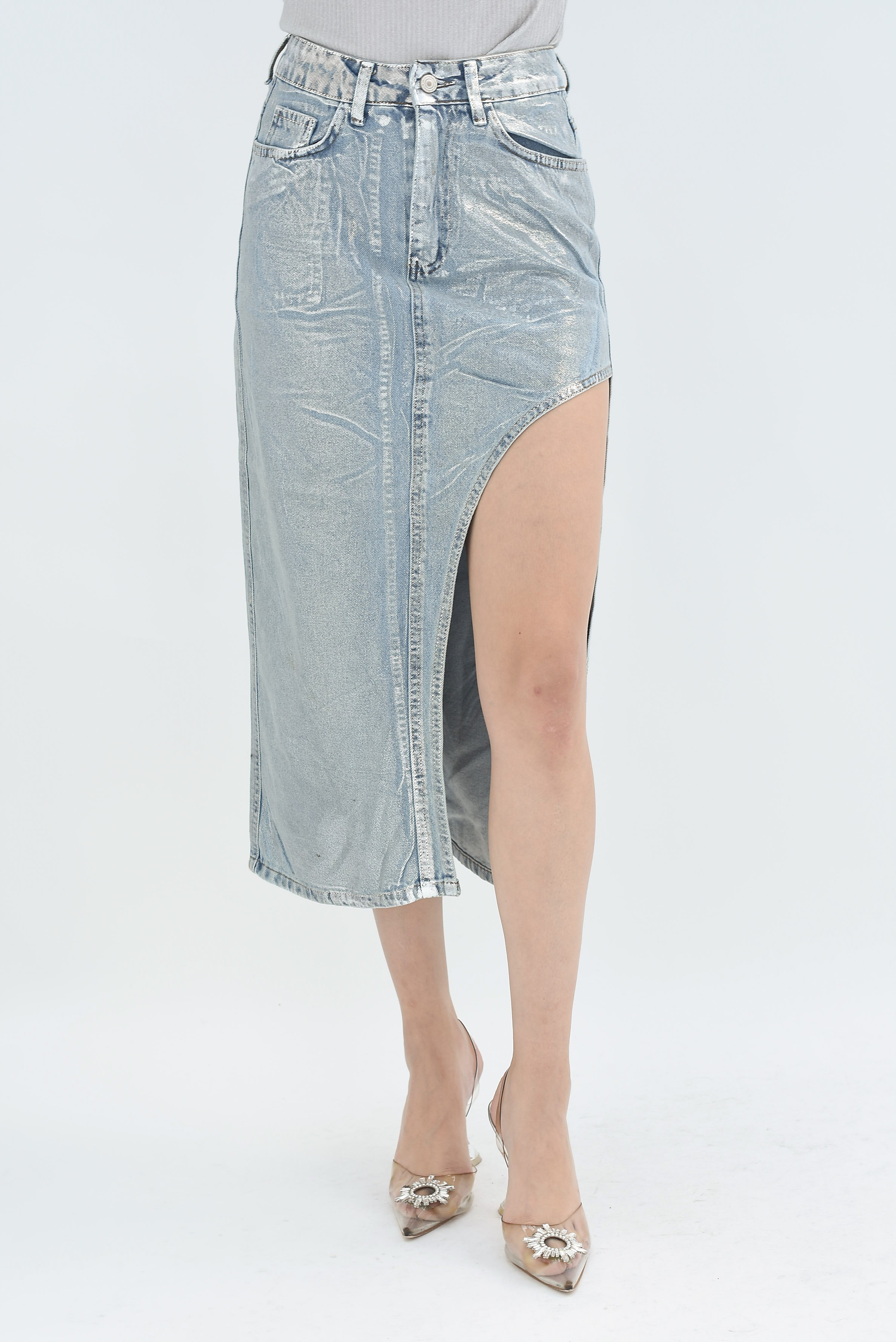 Falda foil denim abertura Plata
