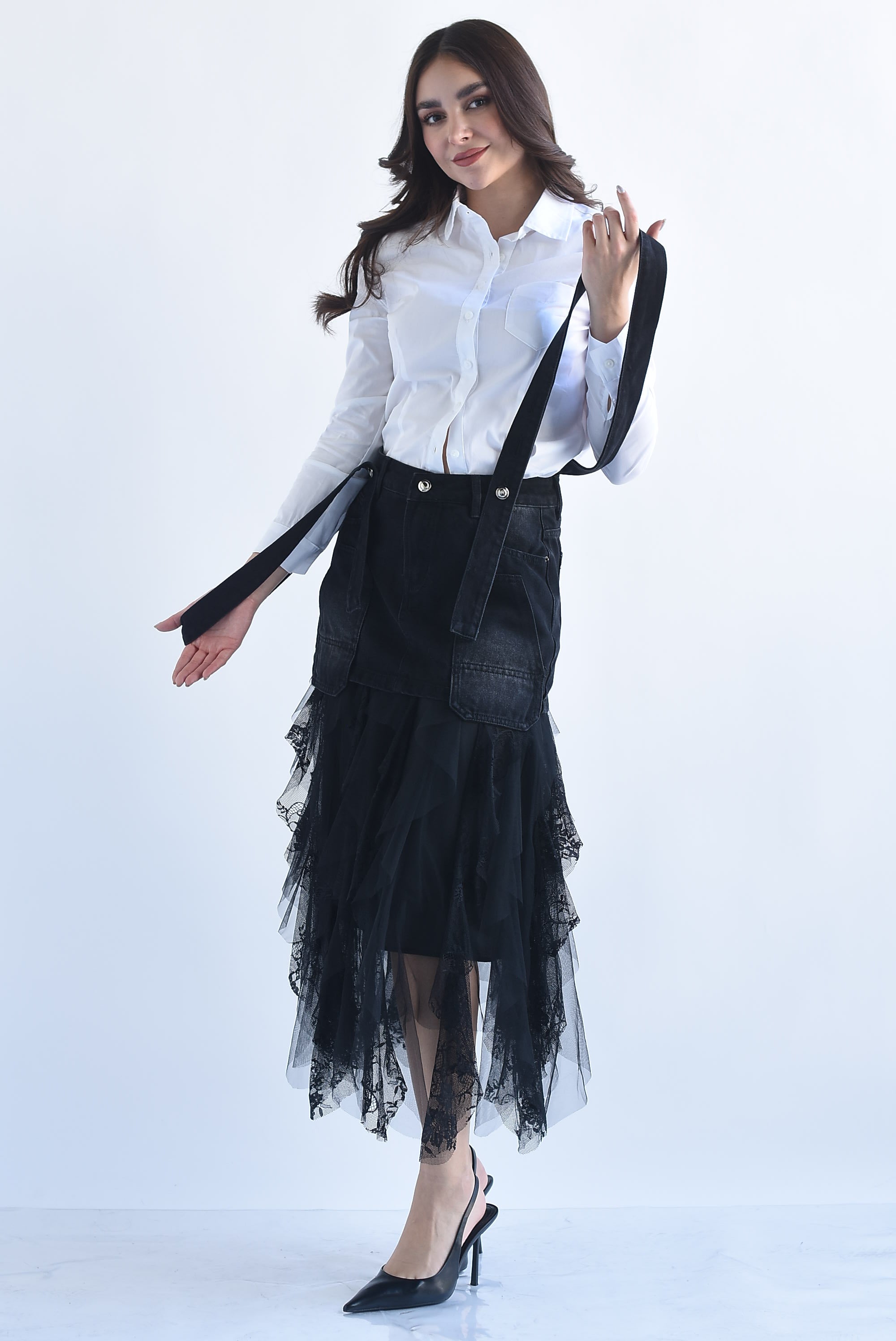 Falda tulle con falda denim en sobreposición