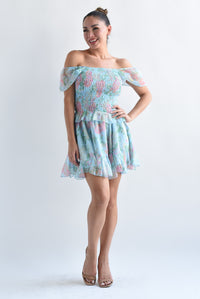 Fashion Styled Set Falda y Blusa elástico flores Azul Baby