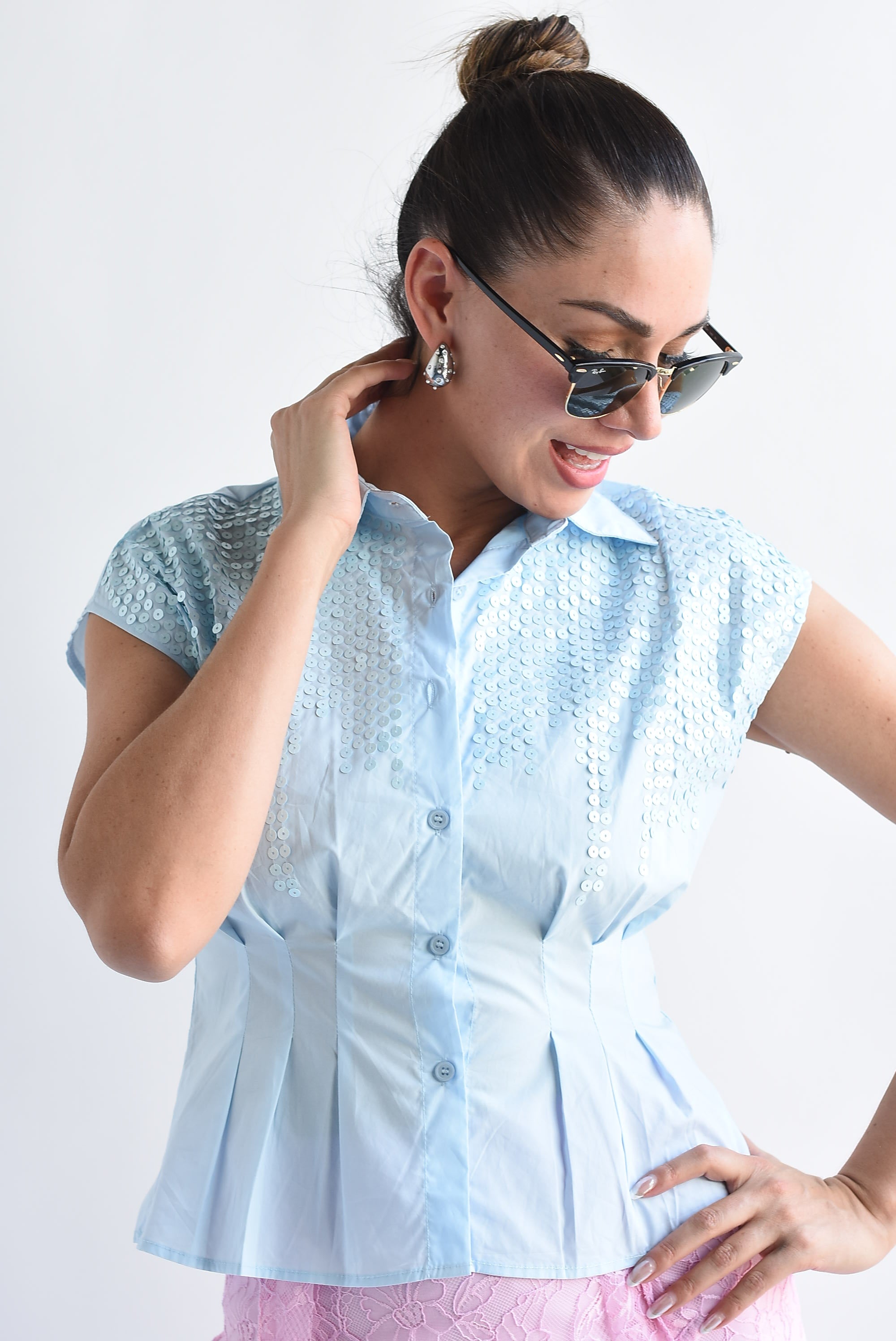 Blusa pinzas cintura lentejuelas mate Azul Baby