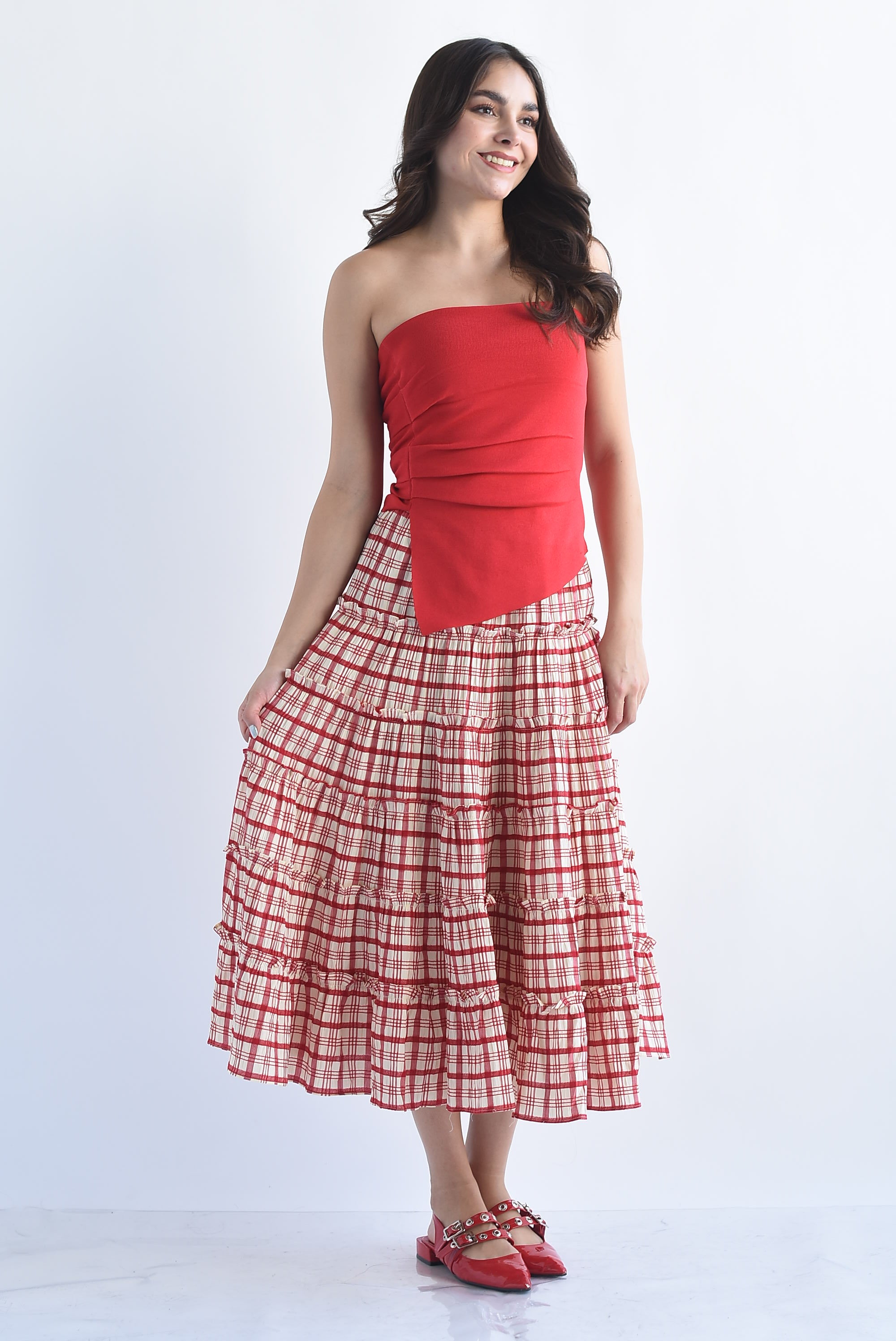 Blusa punto strapless asimétrica