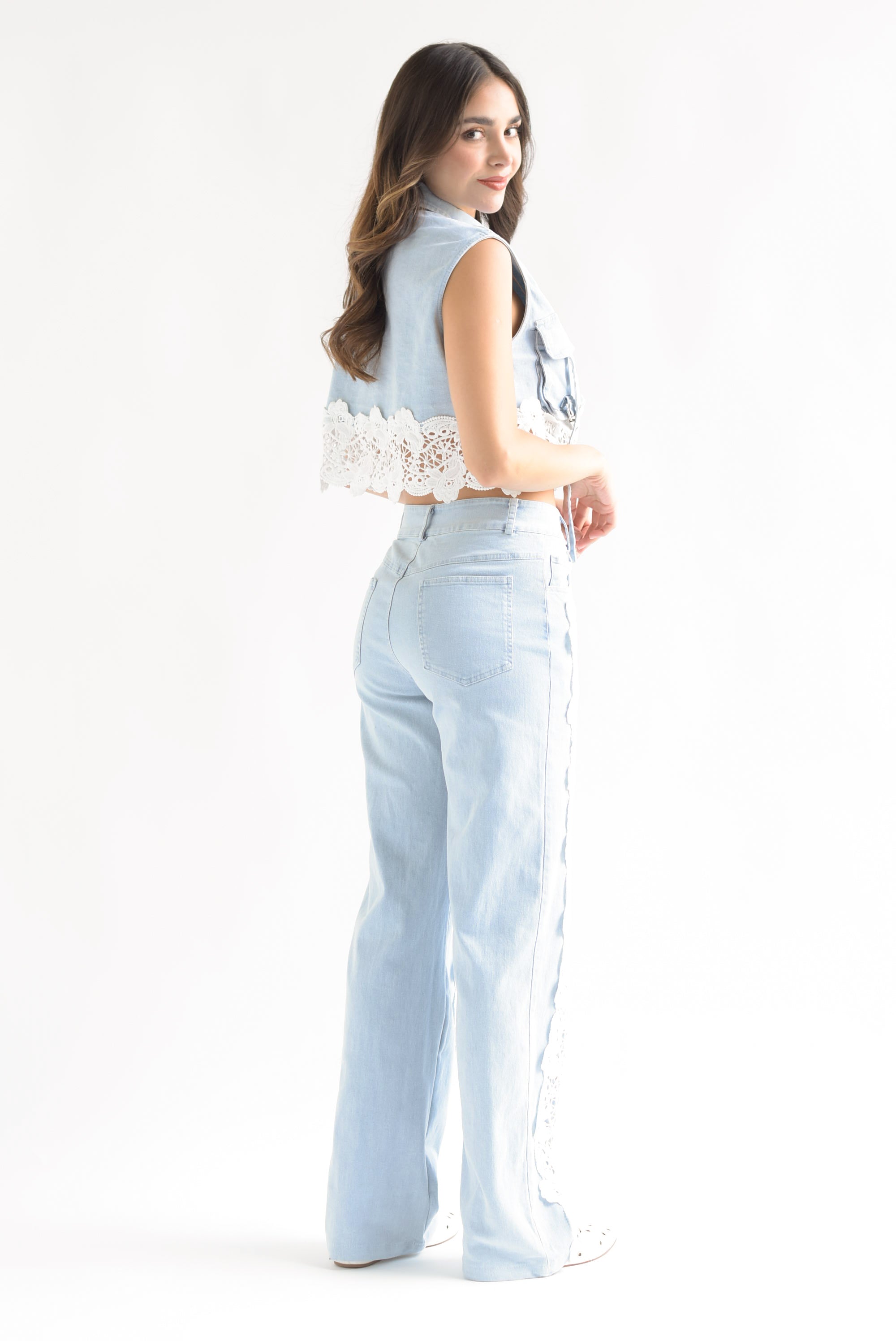 Set Pantalón y Chaleco cargo tira guipur Denim