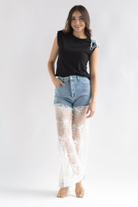 Fashion Styled Jeans piernas encaje tulle Denim