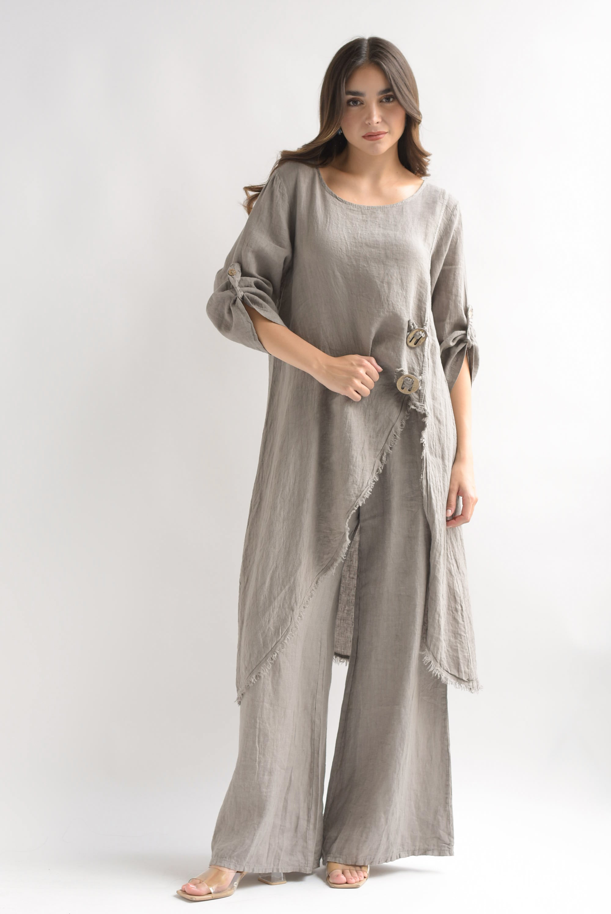 Set Pantalón wide y Maxi blusa lino italiano Gris