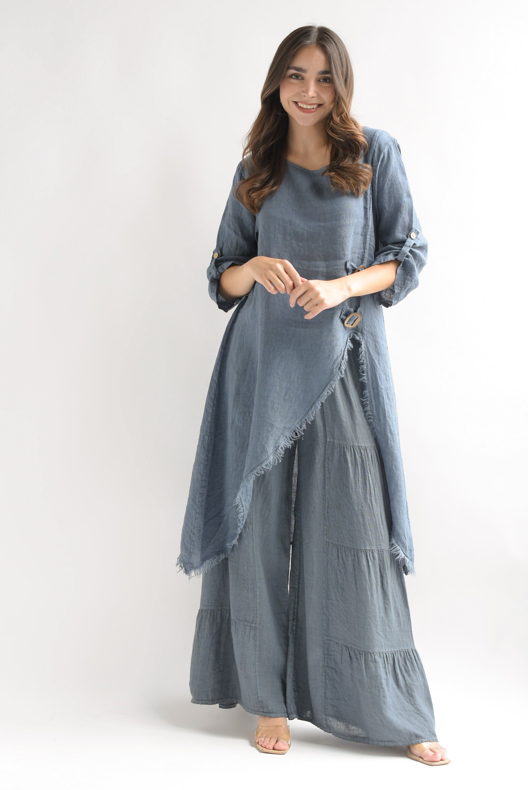 Set Pantalón olanes y Maxi blusa lino italiano Azul Denim