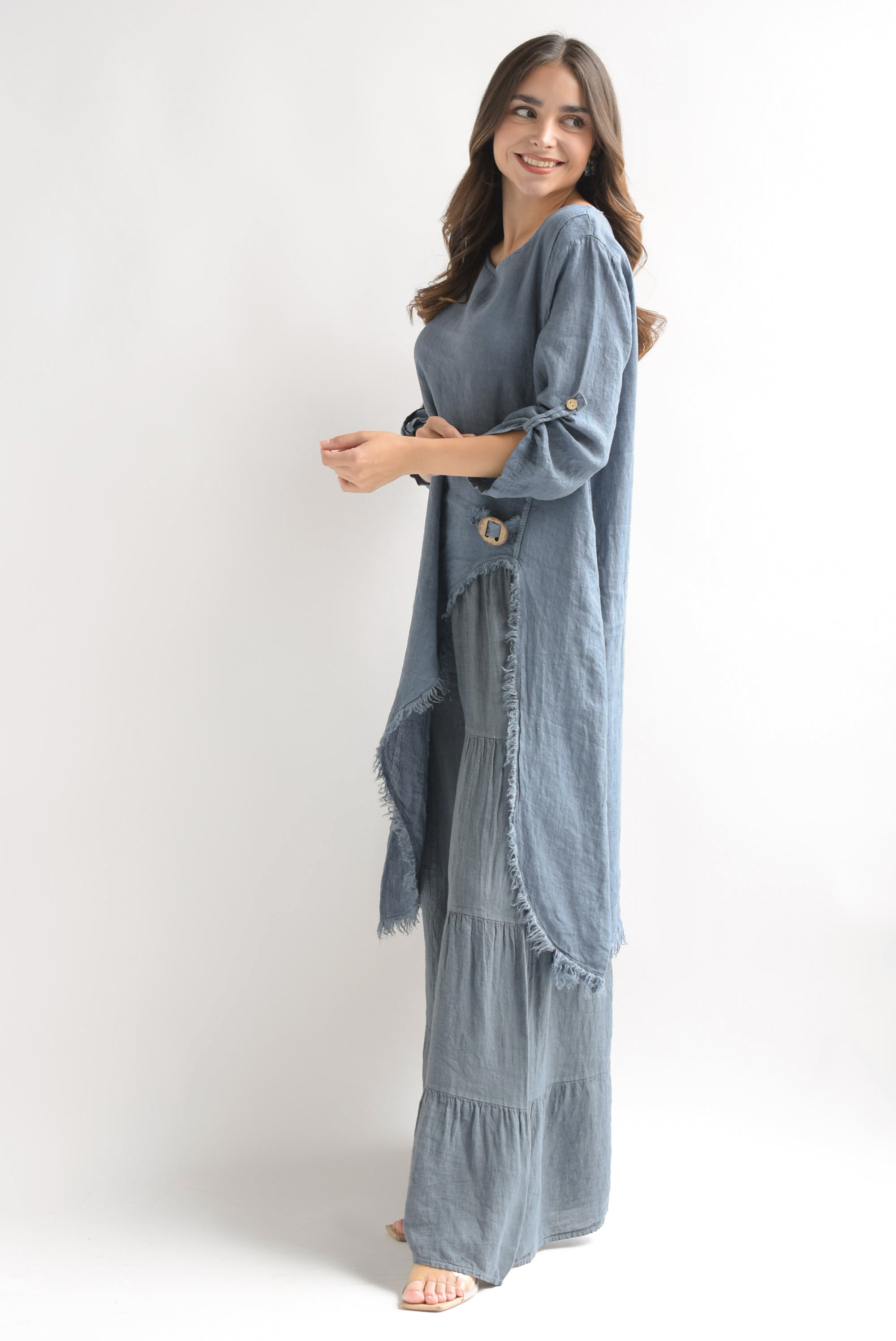 Set Pantalón olanes y Maxi blusa lino italiano Azul Denim