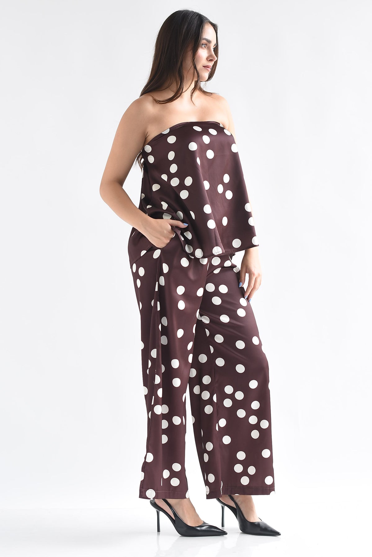 Set Pantalón y Blusa strapless satín lunares