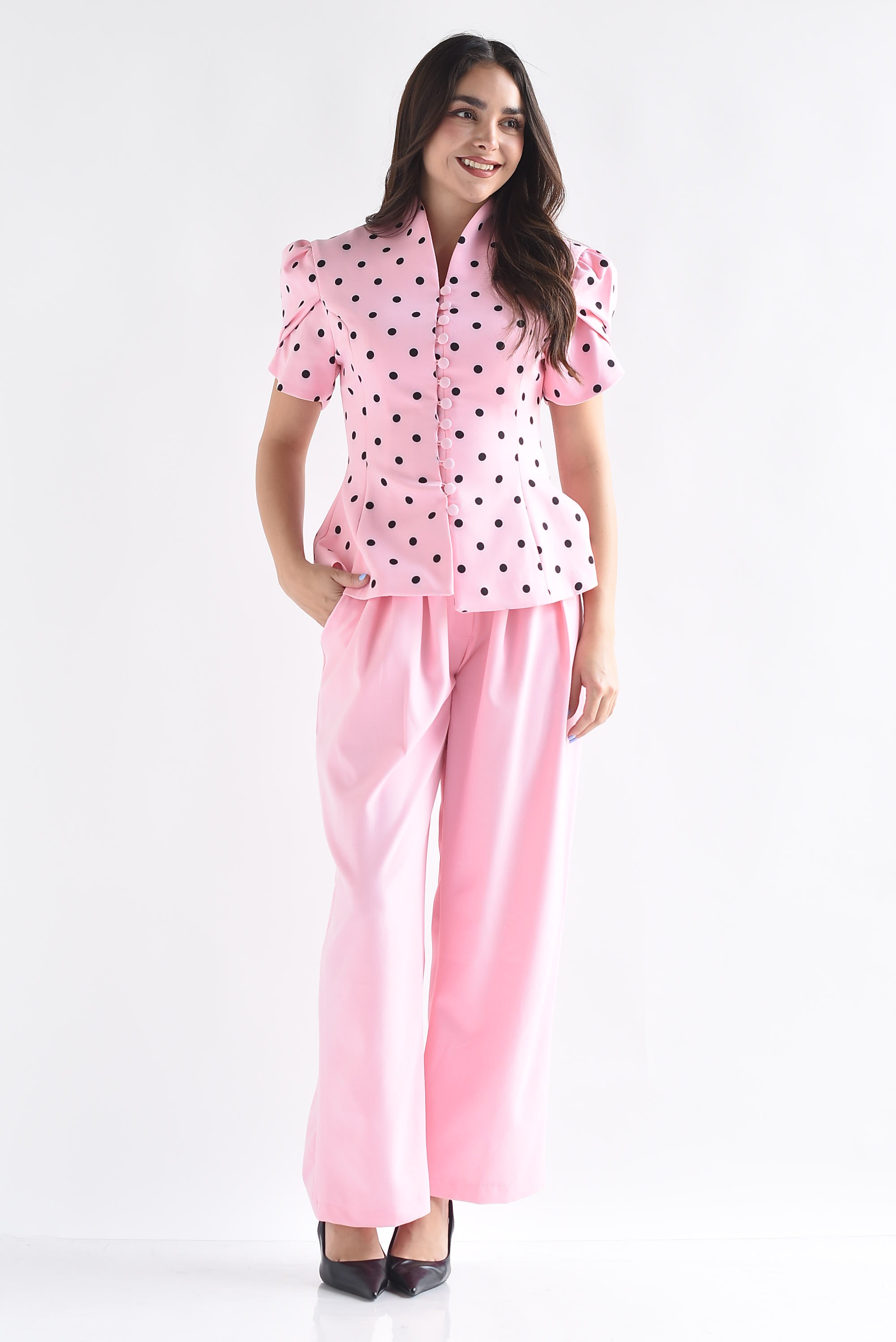 Set Pantalón liso y Blusa peplum polka dots