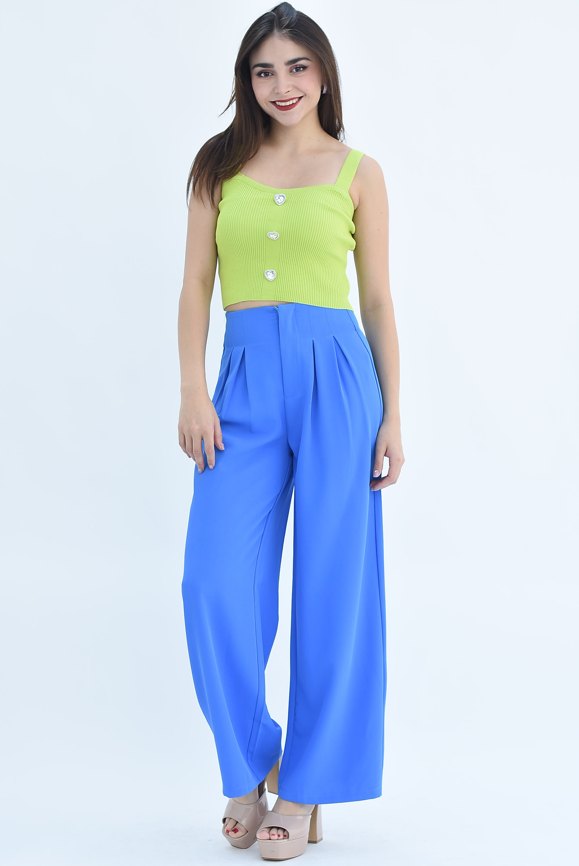 Pantalón pierna ancha con pinzas Azul