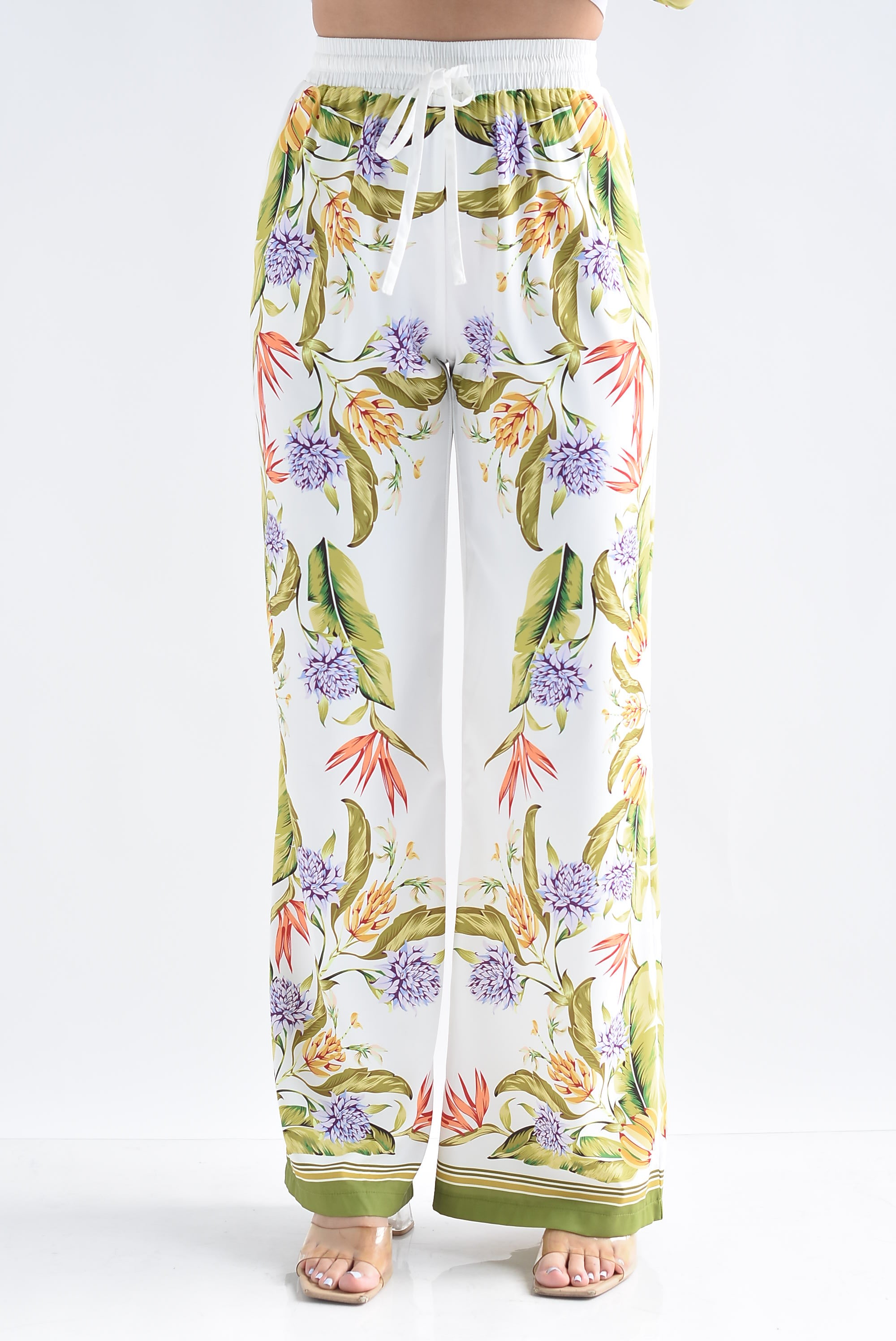 Pantalón satín flores filo verde