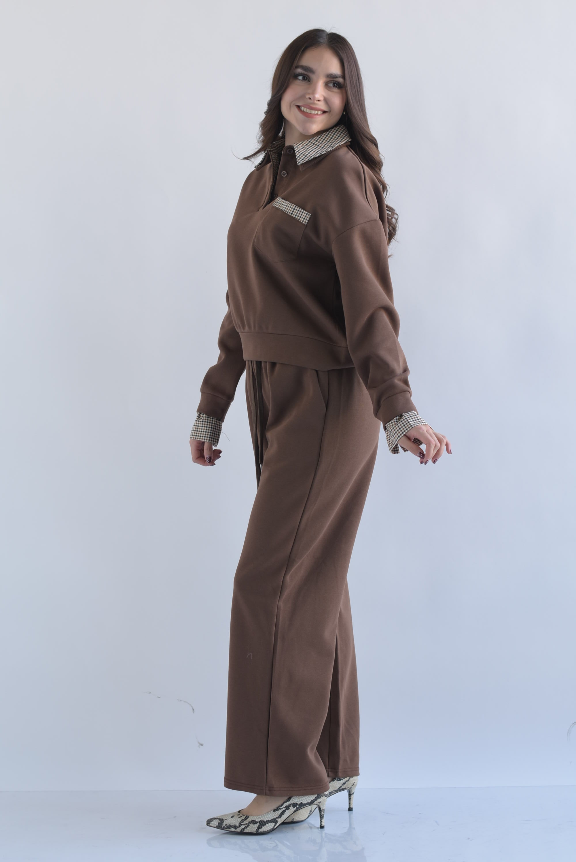 Set Pantalón y Sudadera pretina y cuello cuadros Café