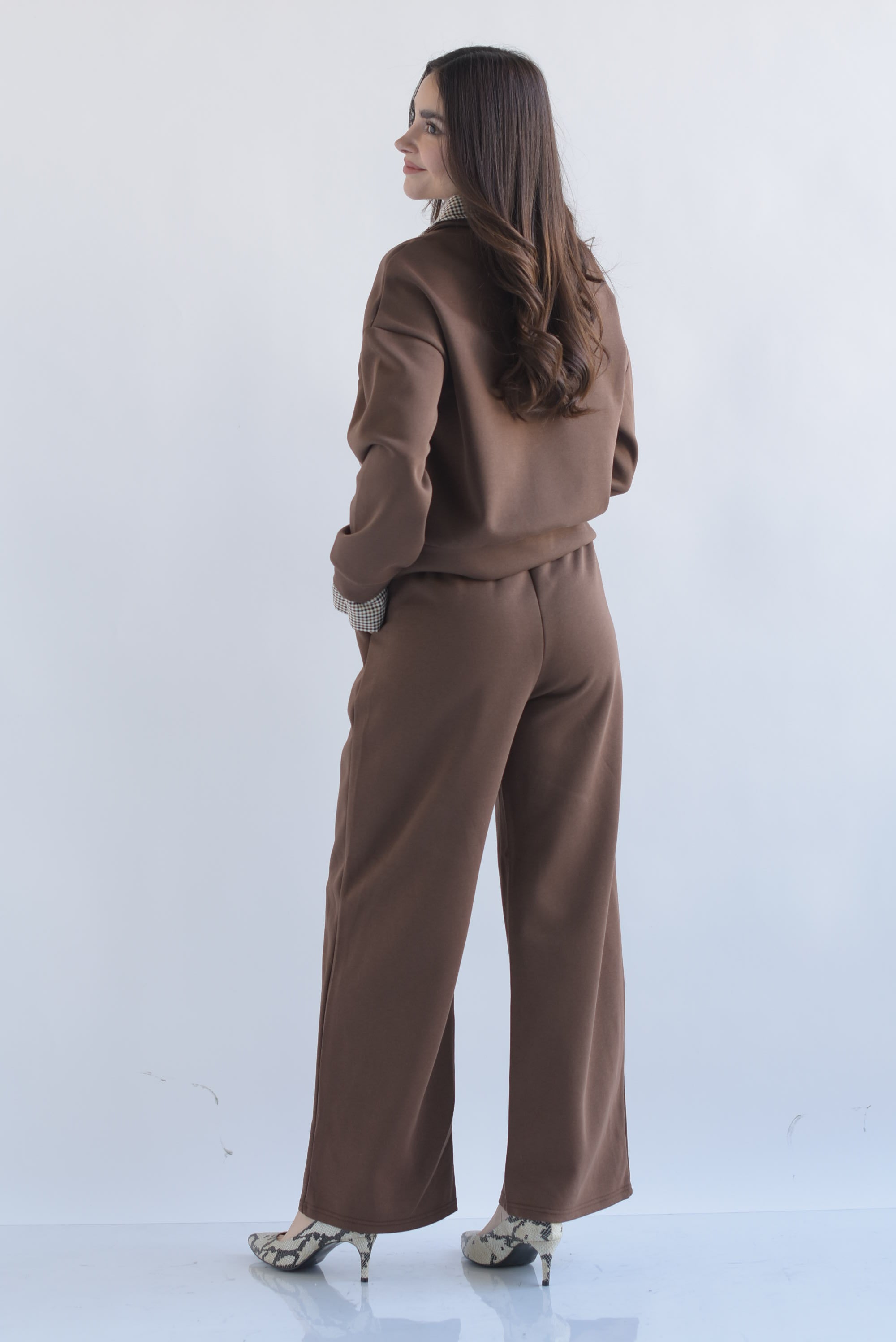 Set Pantalón y Sudadera pretina y cuello cuadros Café