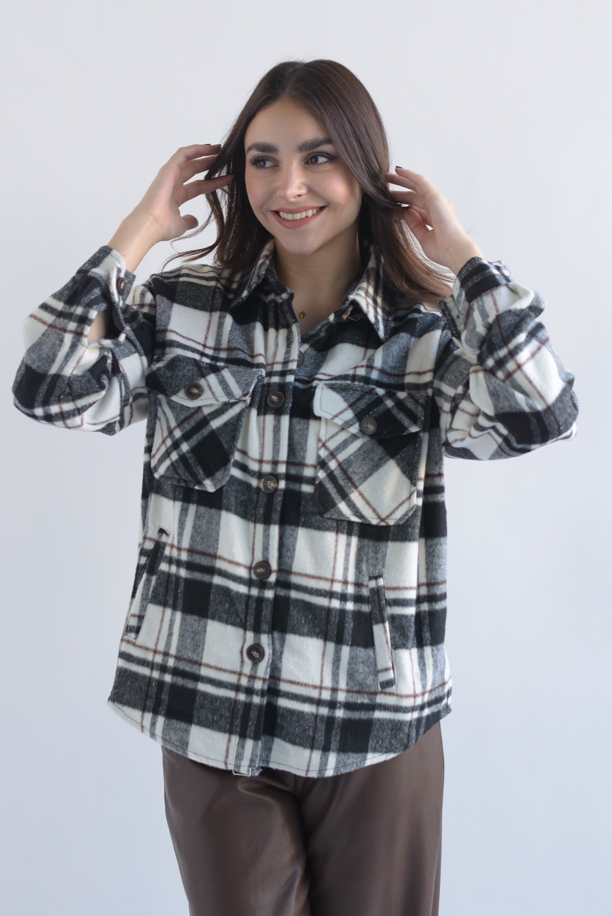 Shacket cargo cuadros franela Negro