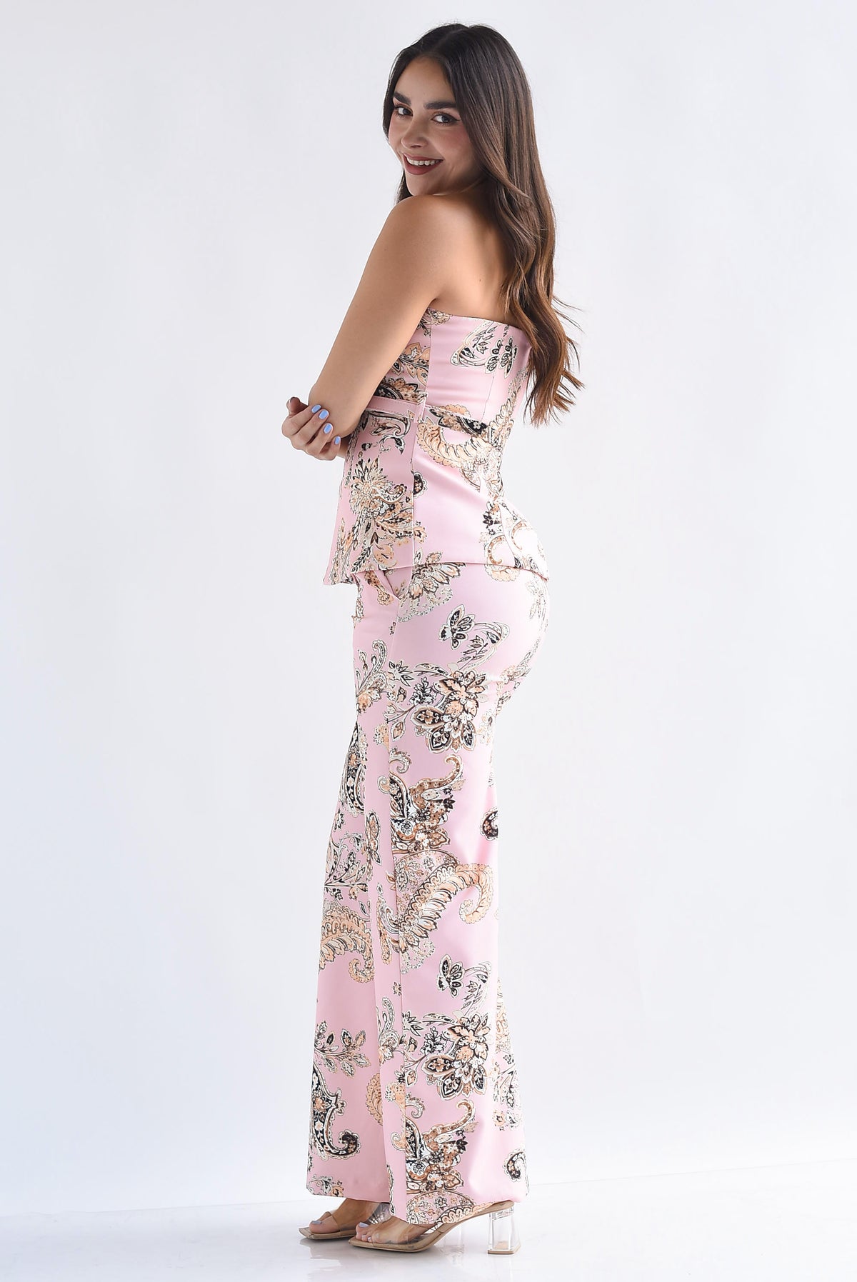 Set Pantalón y Blusa strapless peplum paisley
