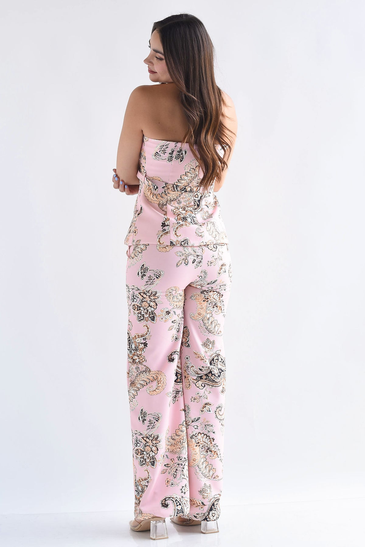 Set Pantalón y Blusa strapless peplum paisley