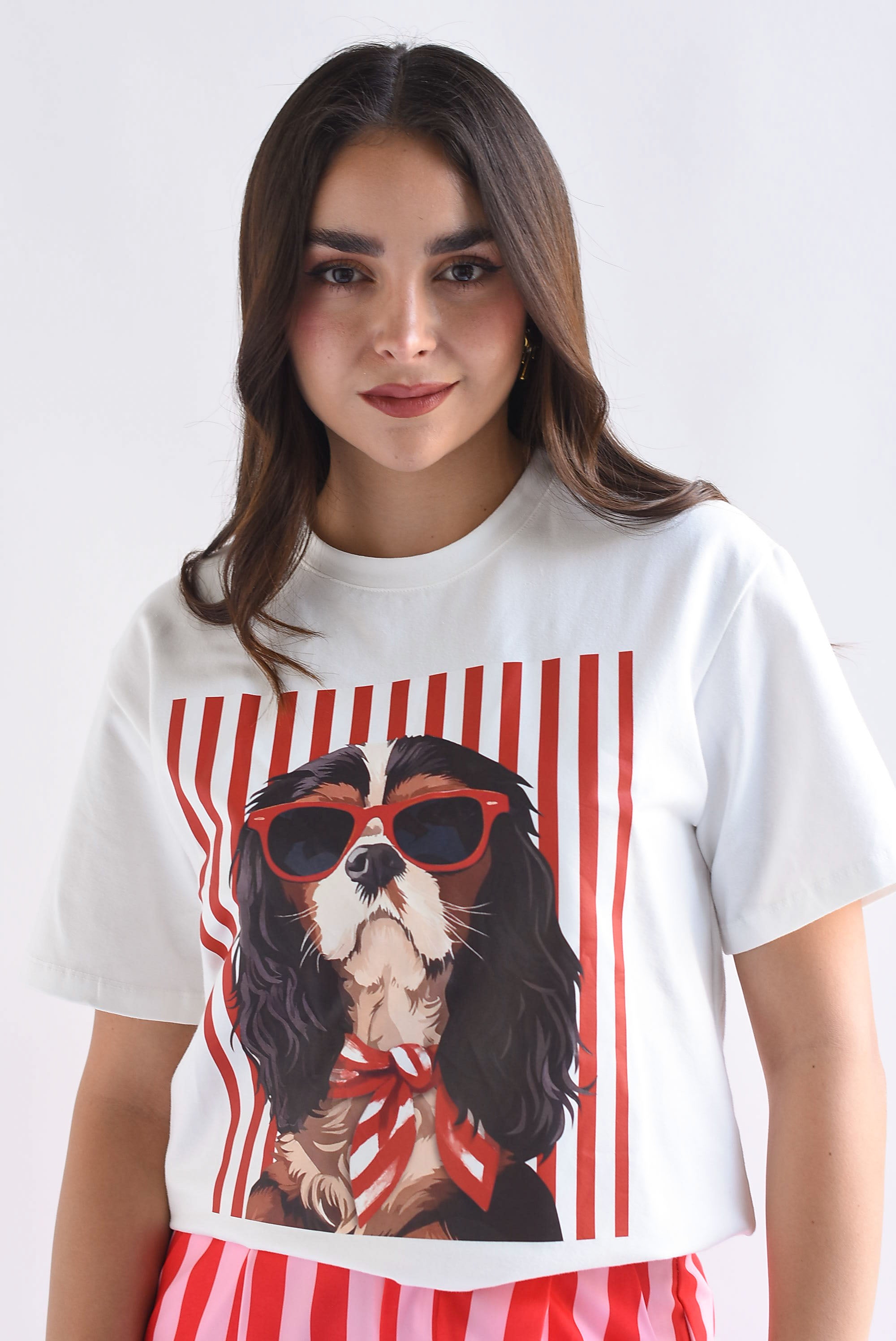 T-Shirt perro gafas rayas rojas