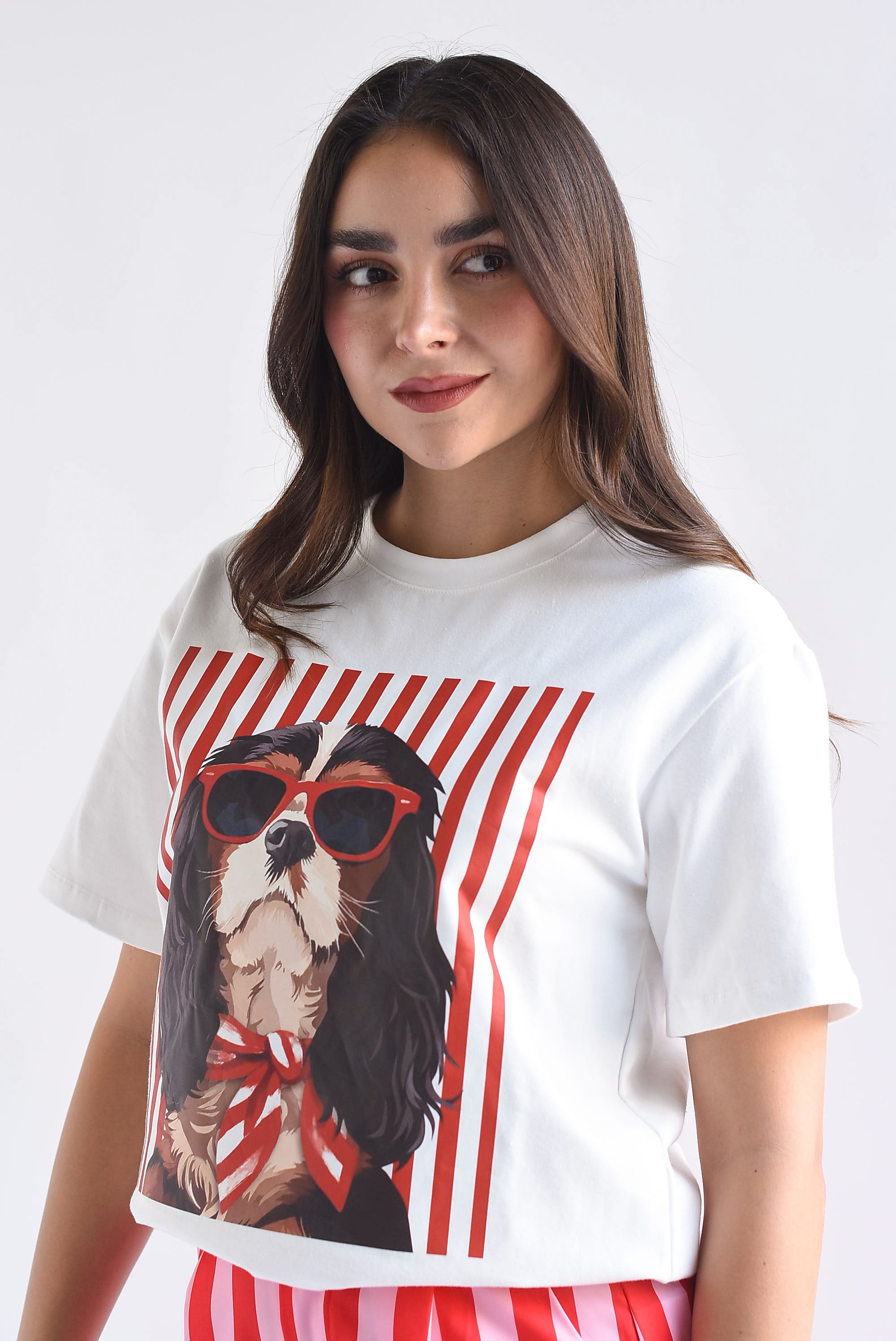 T-Shirt perro gafas rayas rojas