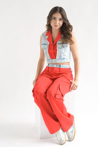 Fashion Styled Set Pantalón cargo y Chaleco crop denim Rojo