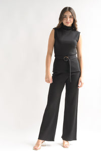 Fashion Styled Set Pantalón y Blusón cinturón punto canalé Negro