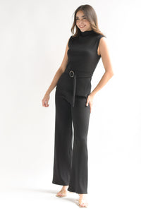 Fashion Styled Set Pantalón y Blusón cinturón punto canalé Negro