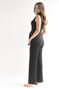 Fashion Styled Set Pantalón y Blusón cinturón punto canalé Negro