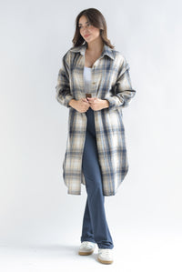 Fashion Styled Shacket larga cuadros franela Azul Marino