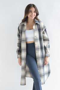 Fashion Styled Shacket larga cuadros franela Azul Marino