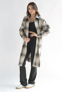 Fashion Styled Shacket larga cuadros franela Negro