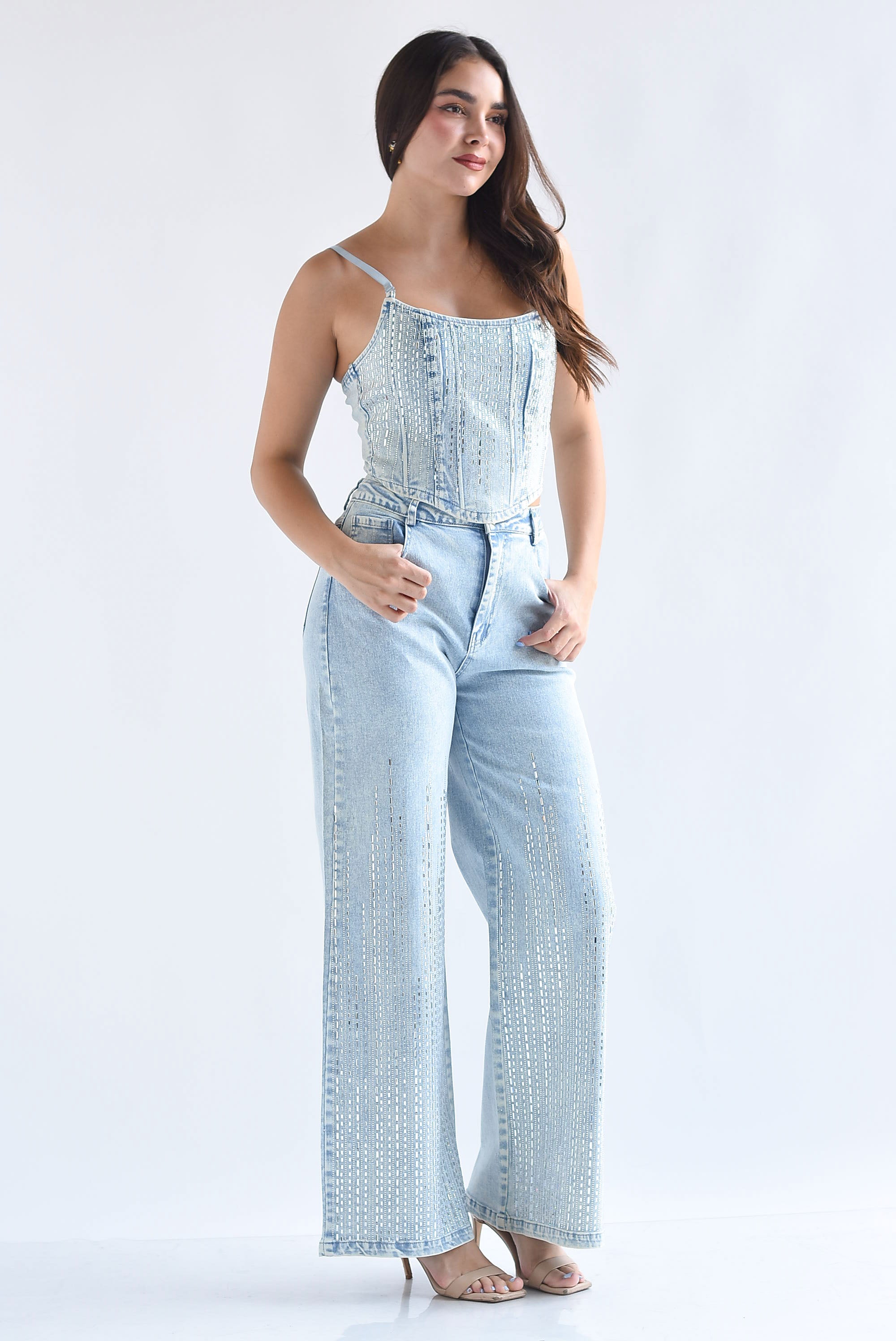 Set Jeans y Top corset Denim lluvia brillos