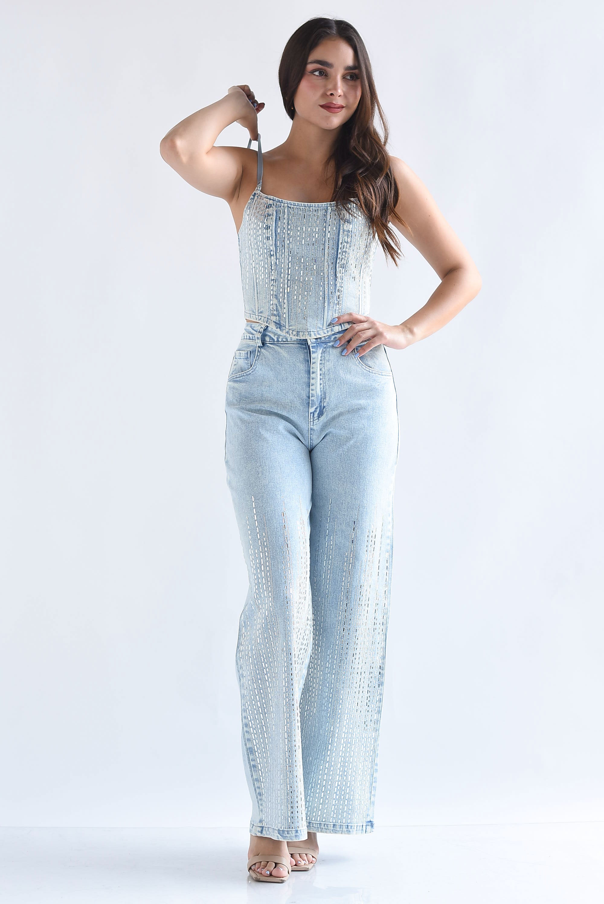 Set Jeans y Top corset Denim lluvia brillos
