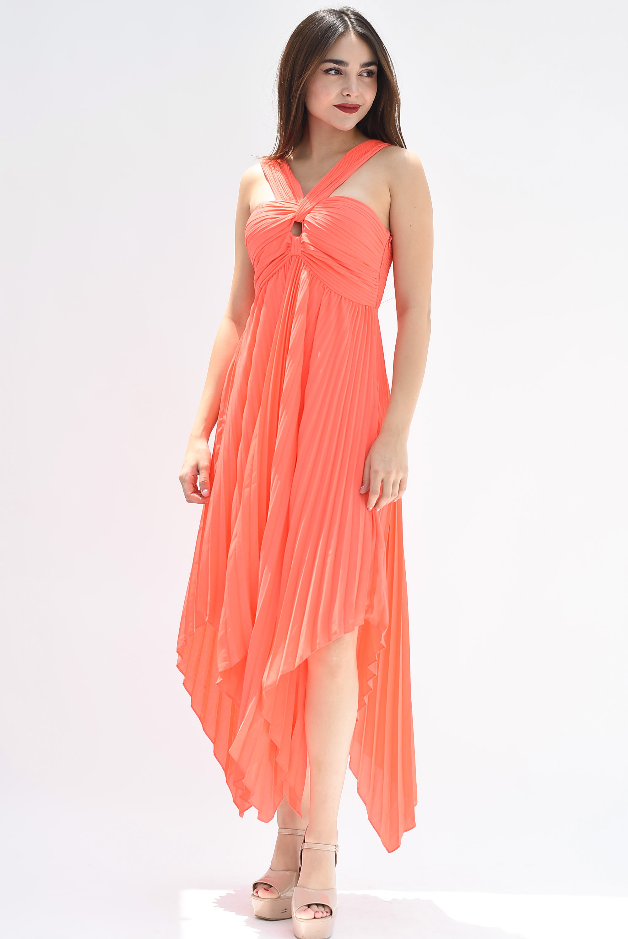 Vestido halter plisado Naranja