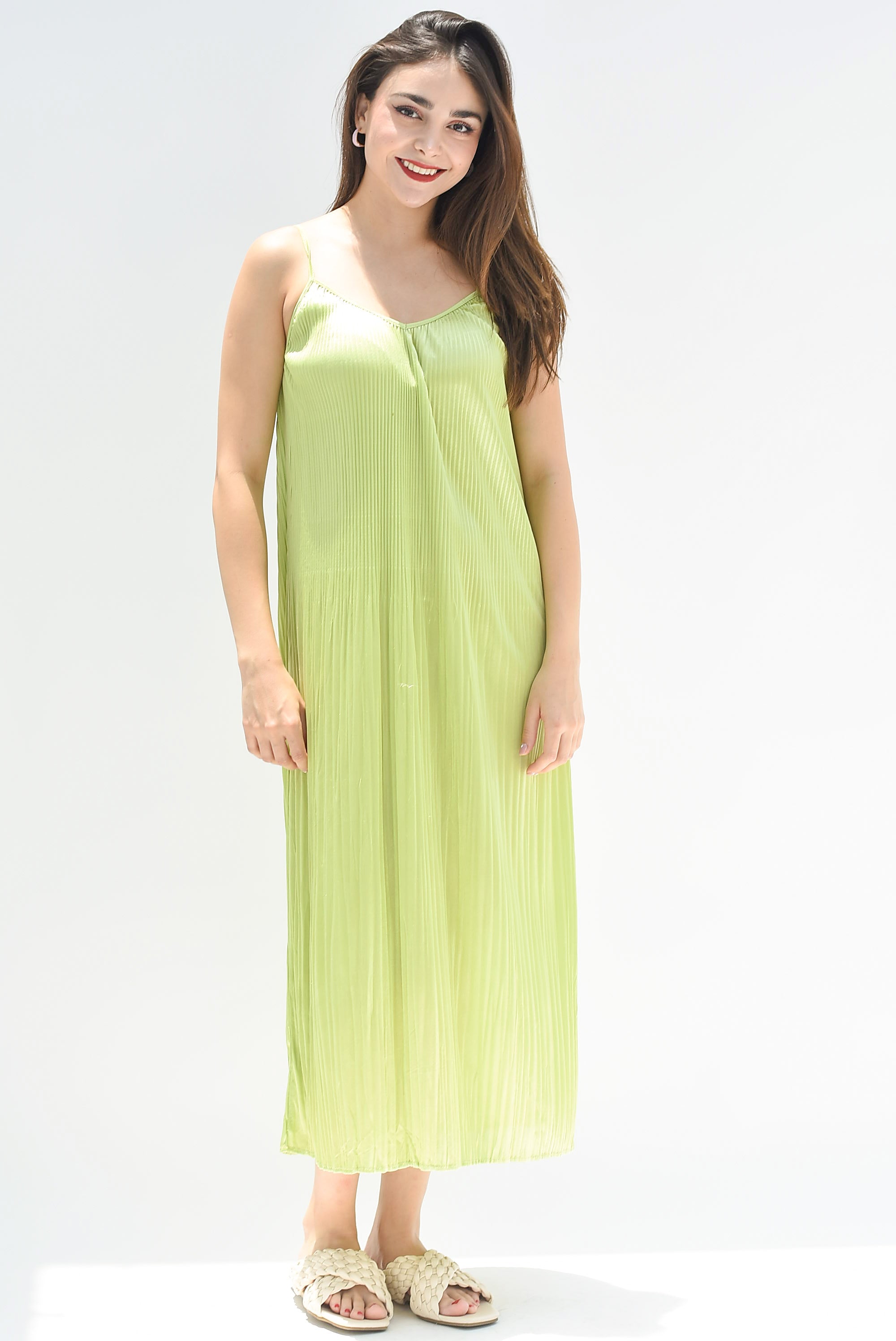 Vestido lencero plisado Verde Limón