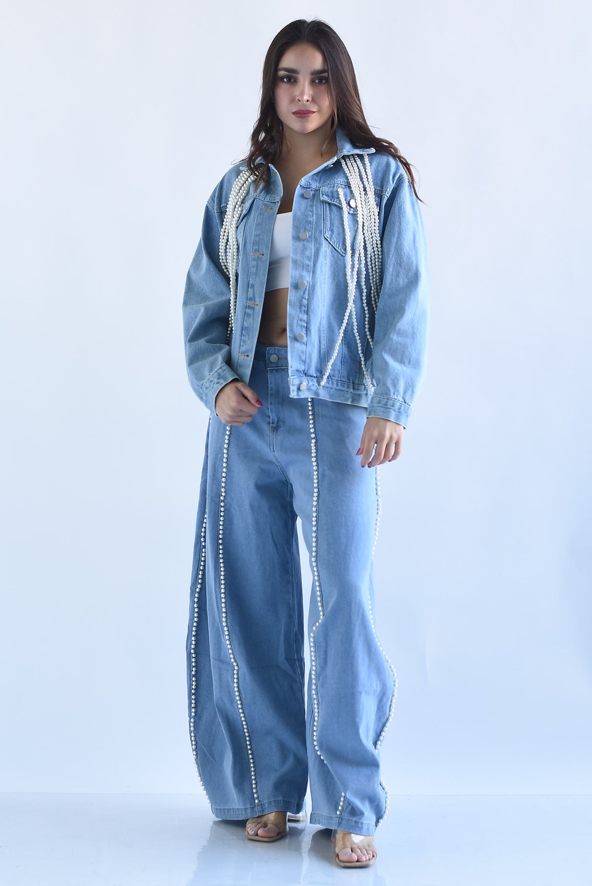 Chamarra Denim flecos perlas