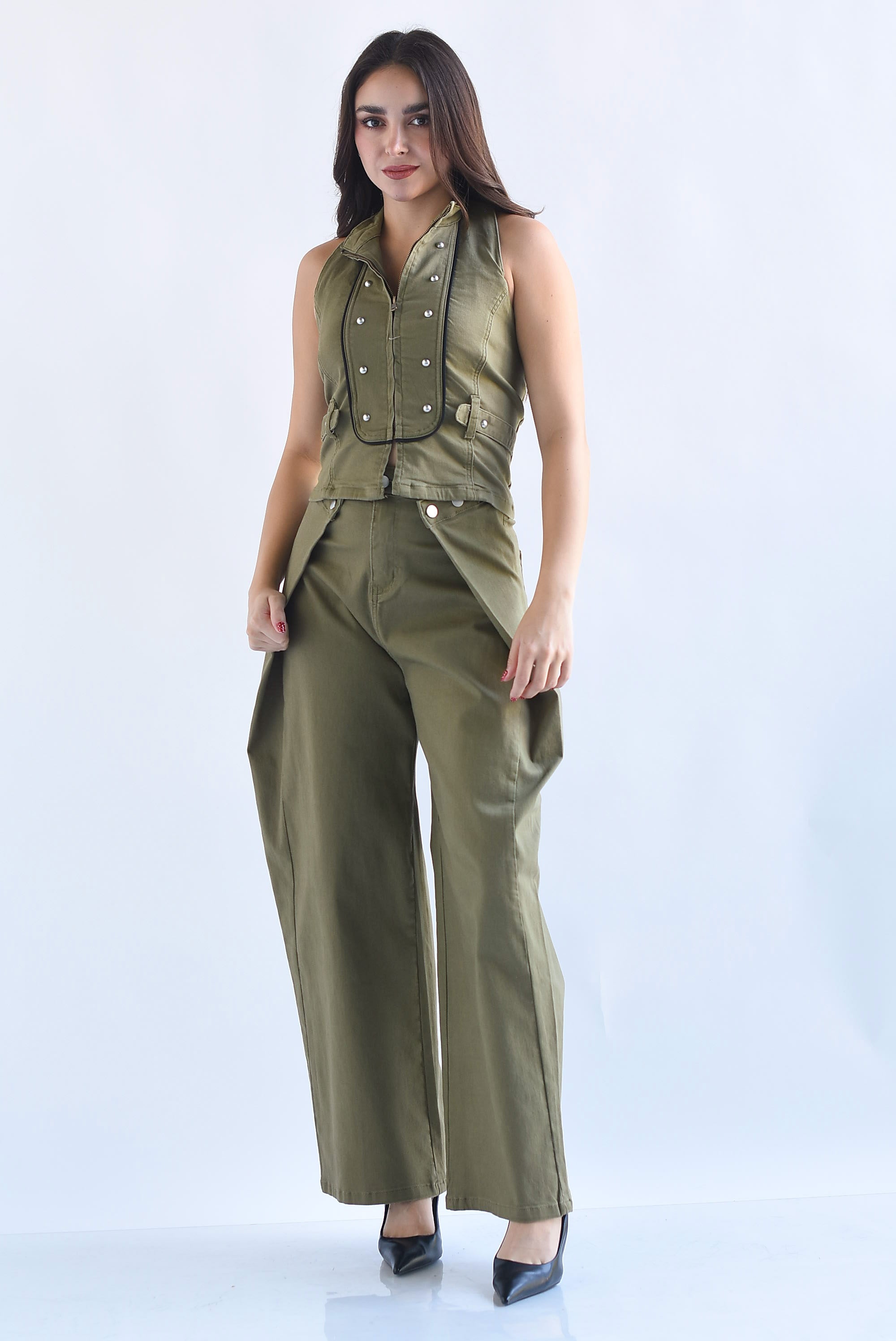 Set Pantalón barrel y Top halter Militar Denim