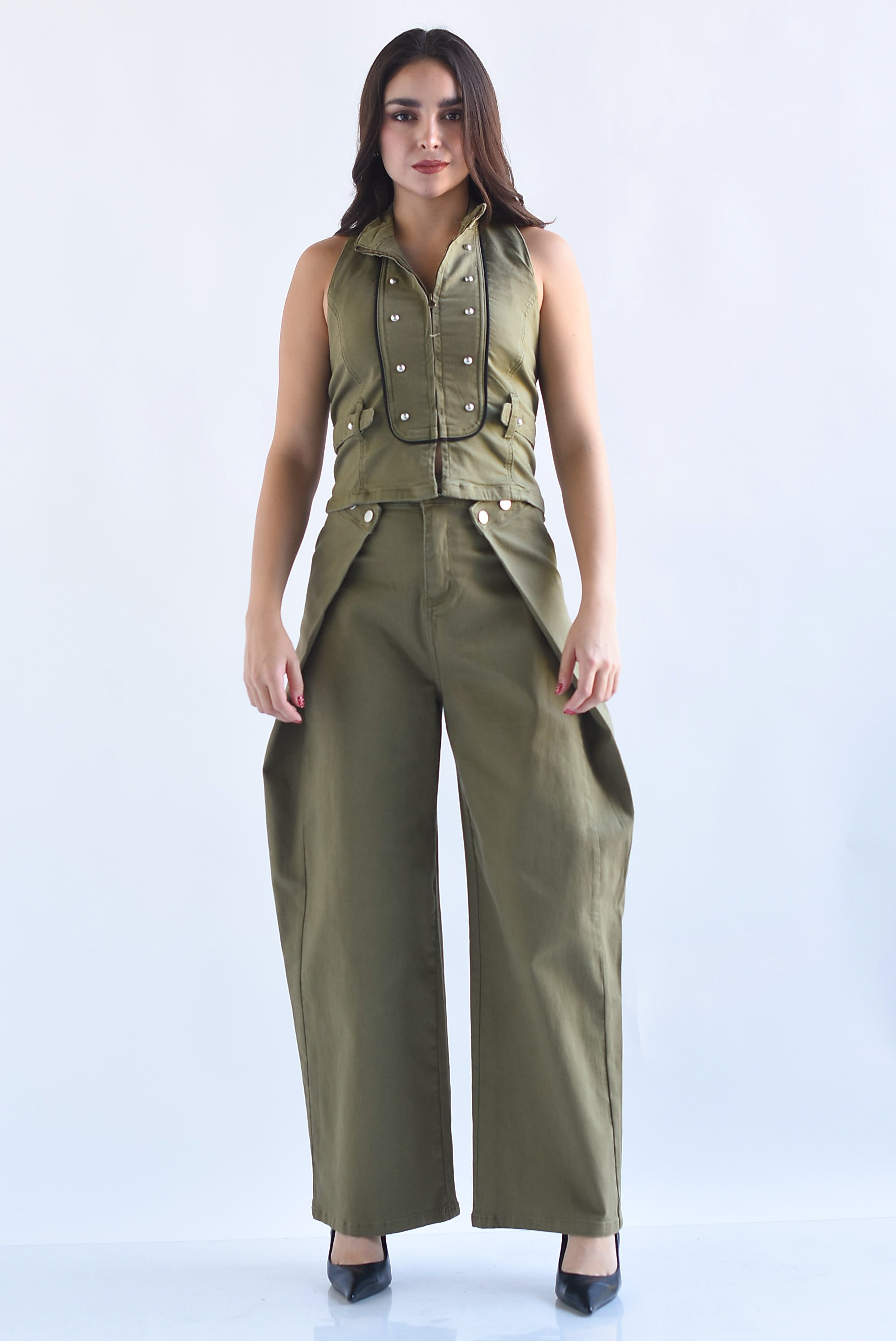 Set Pantalón barrel y Top halter Militar Denim