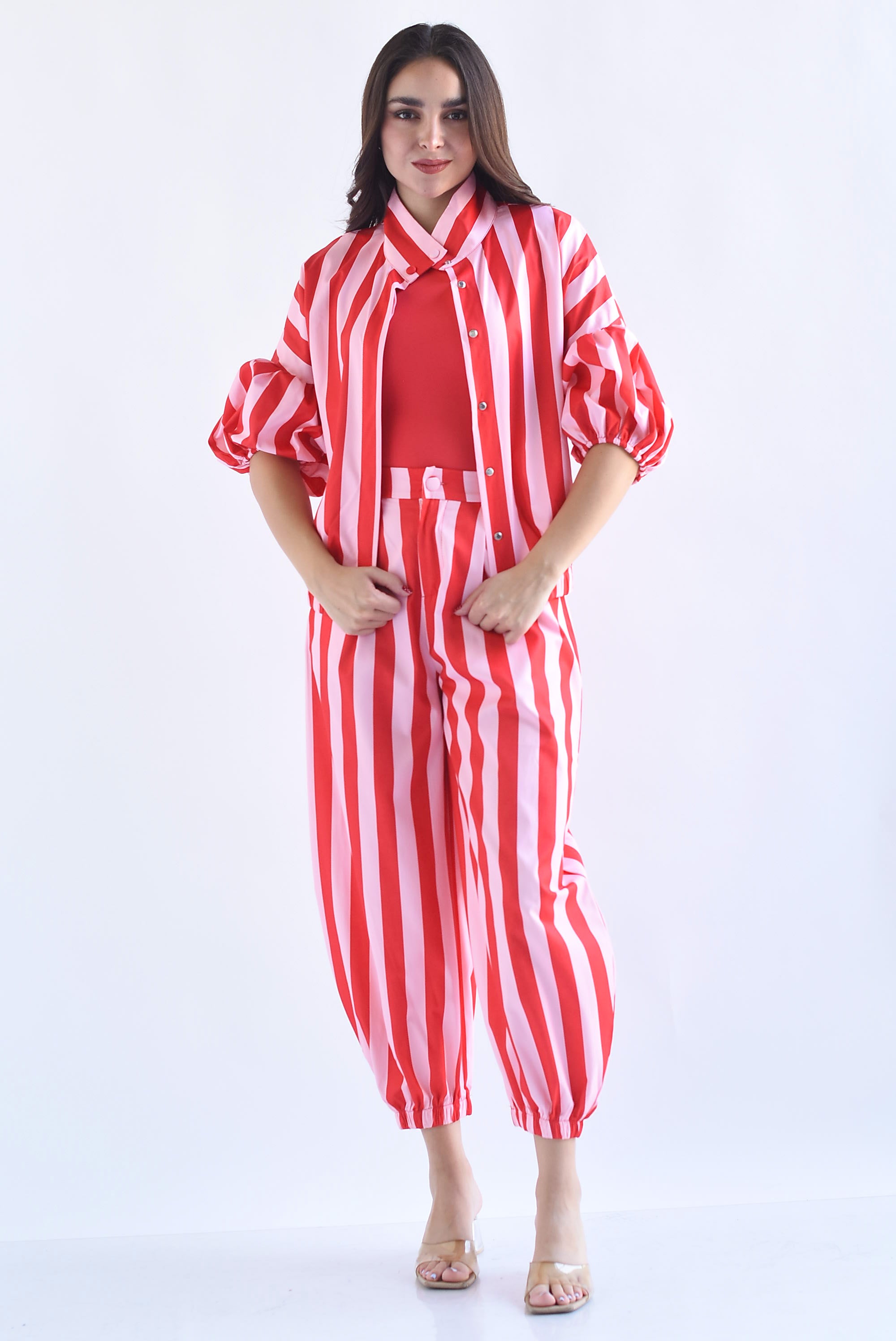 Set Pantalón globo y Blusa manga globo rayas bitono