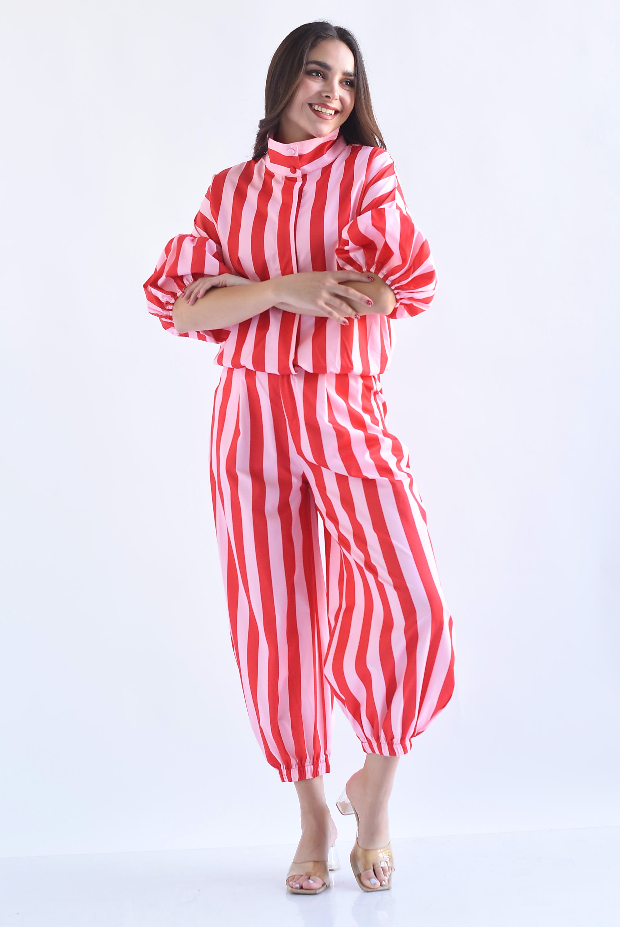 Set Pantalón globo y Blusa manga globo rayas bitono