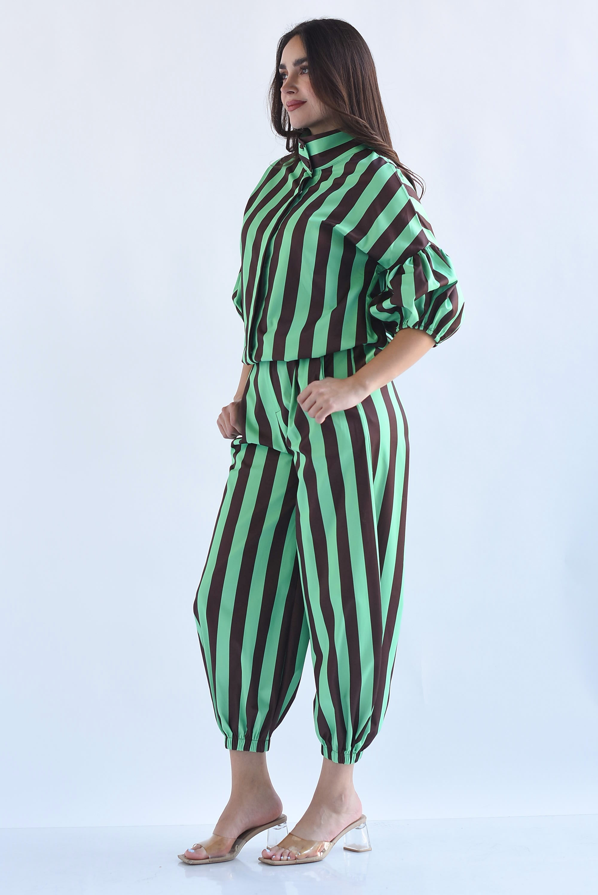 Set Pantalón globo y Blusa manga globo rayas bitono