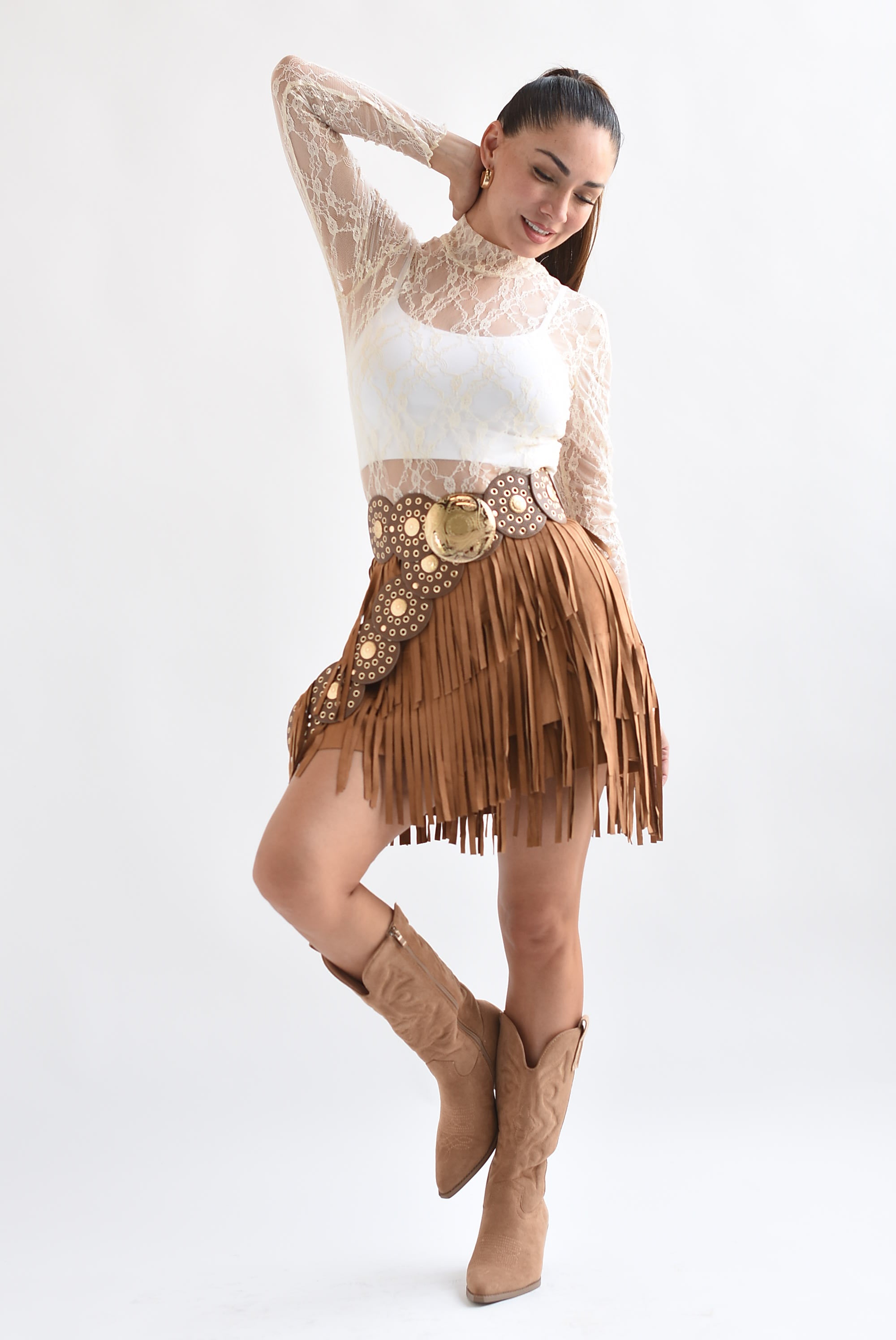 Falda envolvente suede flecos Camel