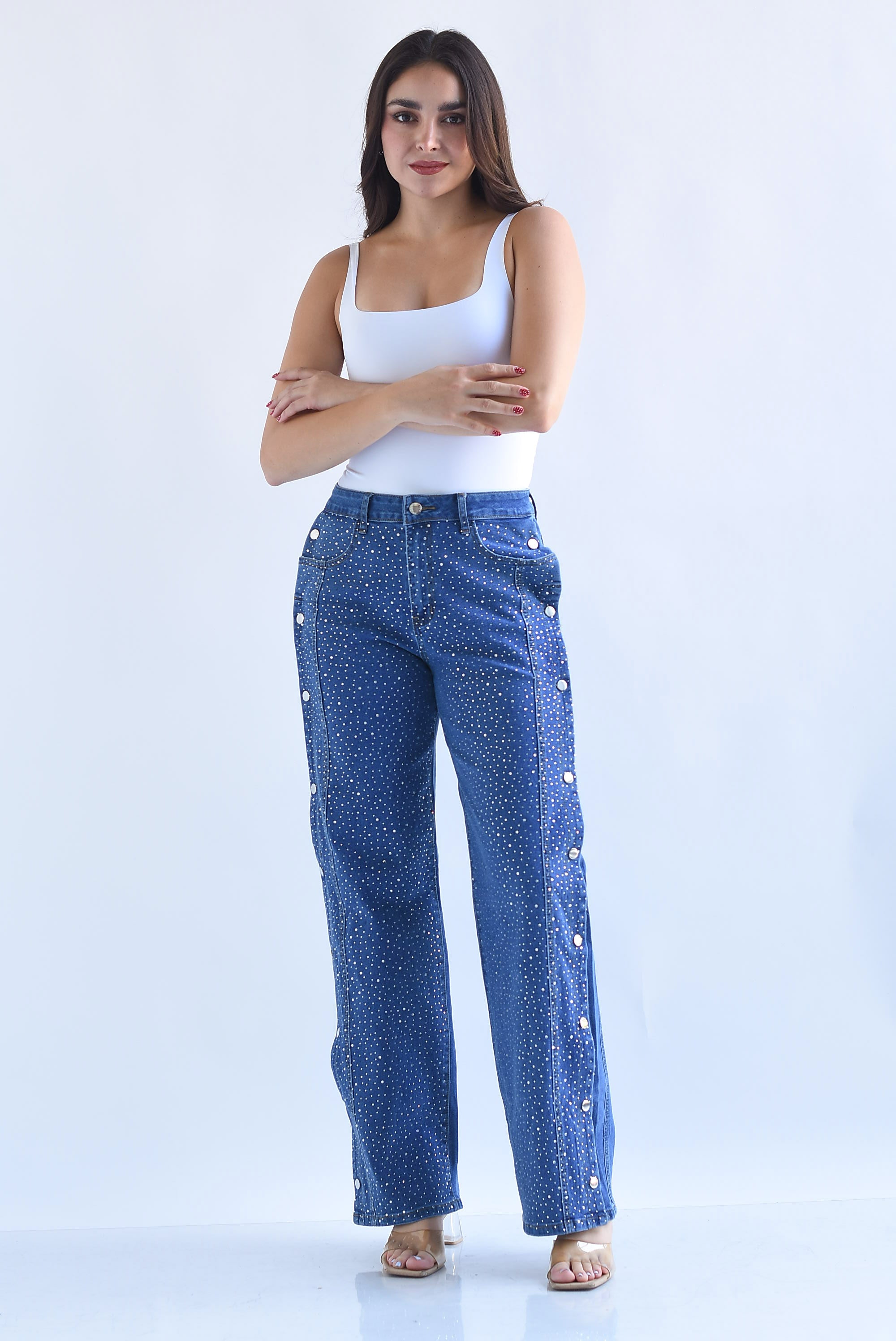Jeans brillos broches lateral