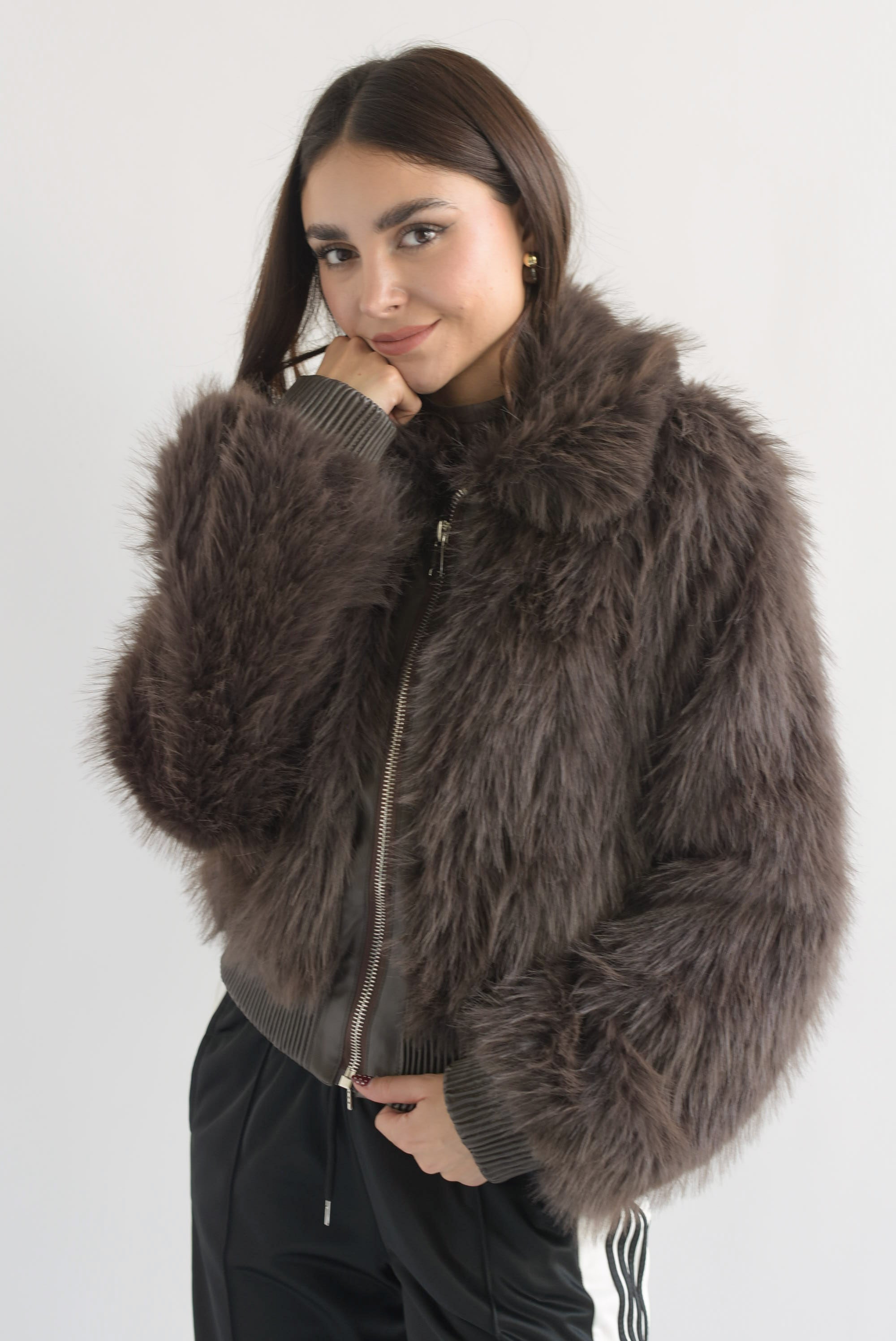 Chamarra bomber faux fur con vinipiel Espresso