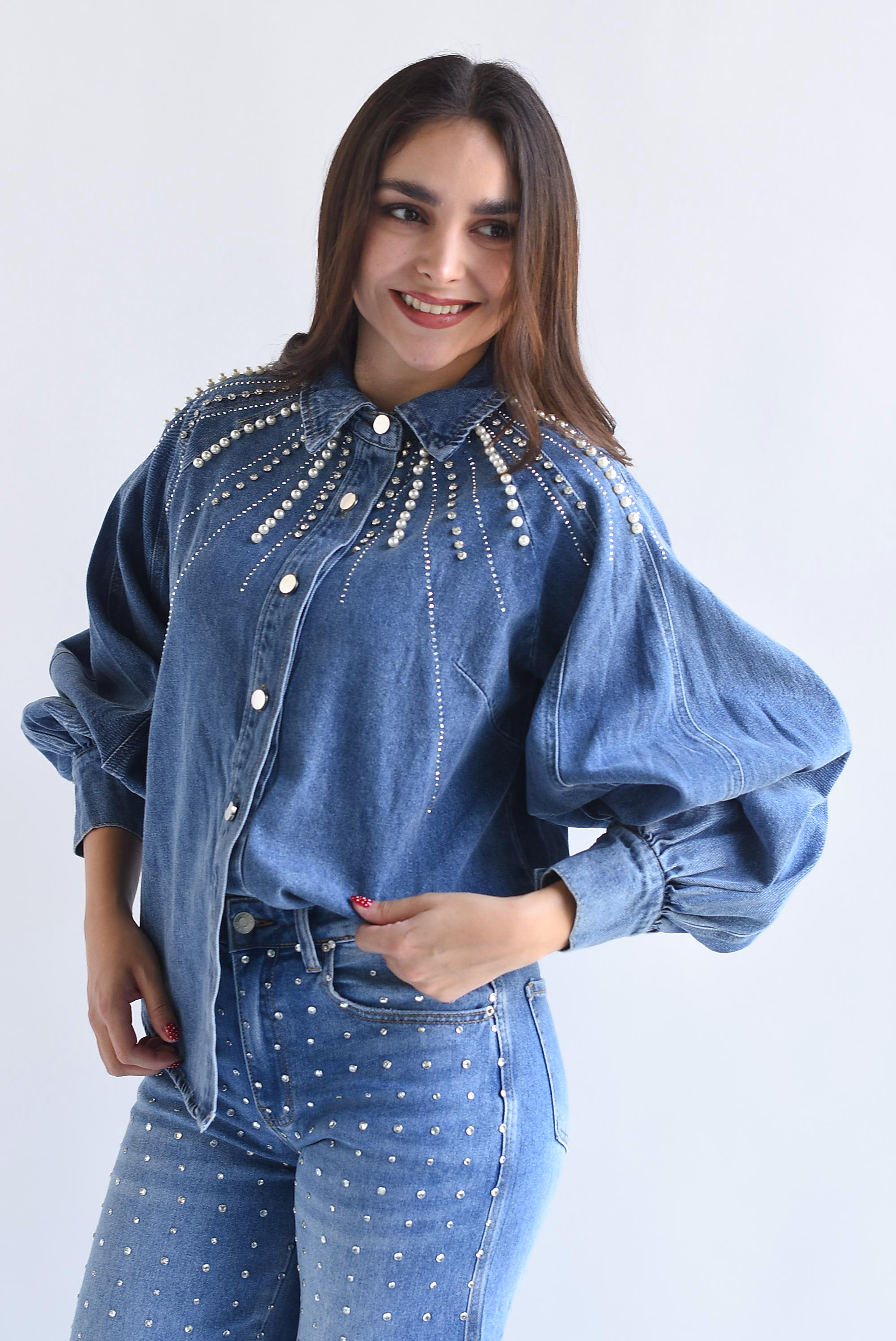 Shacket Denim manga globo perlas y brillos